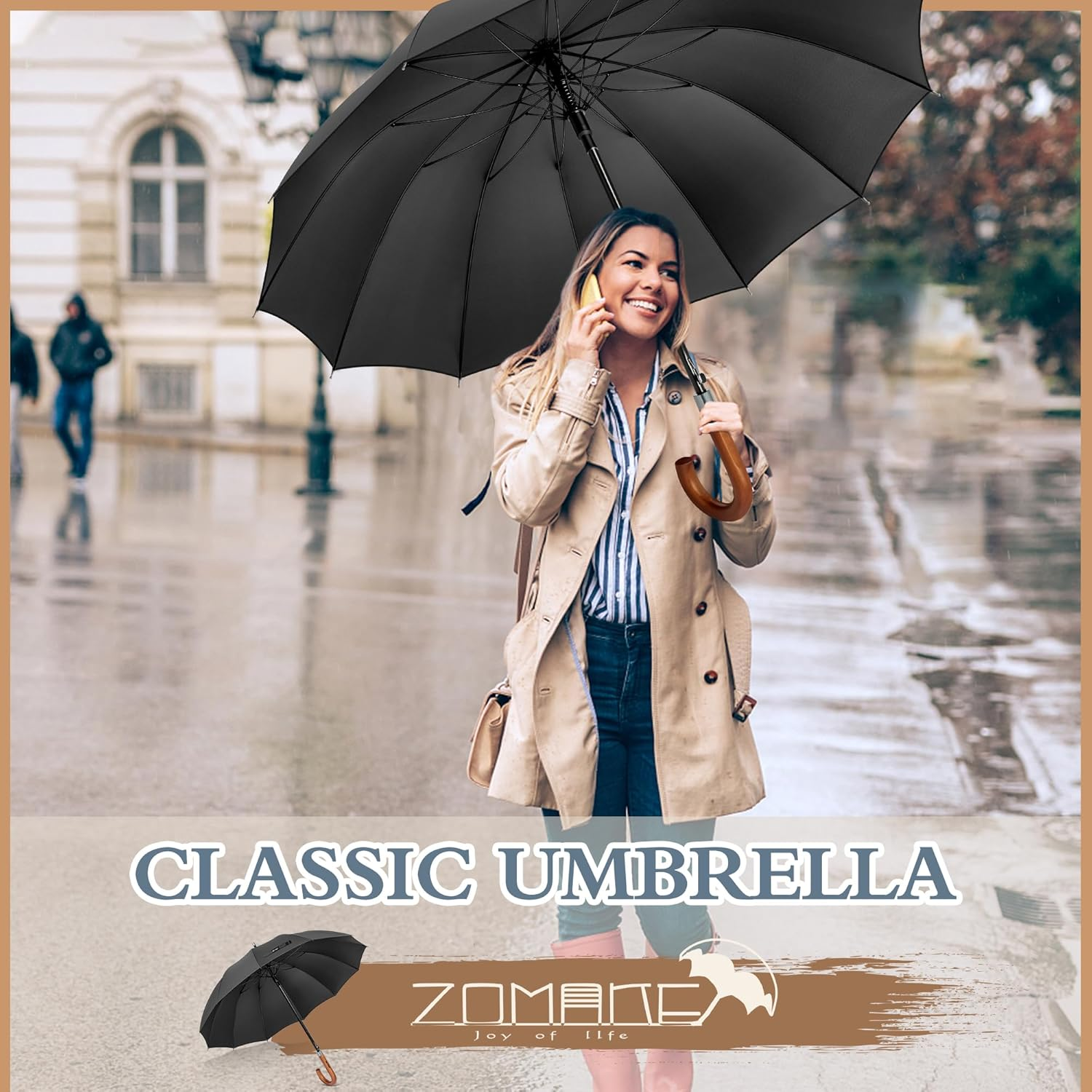 ZOMAKE Large Stick Golf Umbrella with Wood Hook Handle 12 Ribs - Automatic Open Classic Umbrellas Windproof Wooden Handle - Curved Handle Umbrella Cane, Long Umbrella with J Hook for Women Men - Black image number 5
