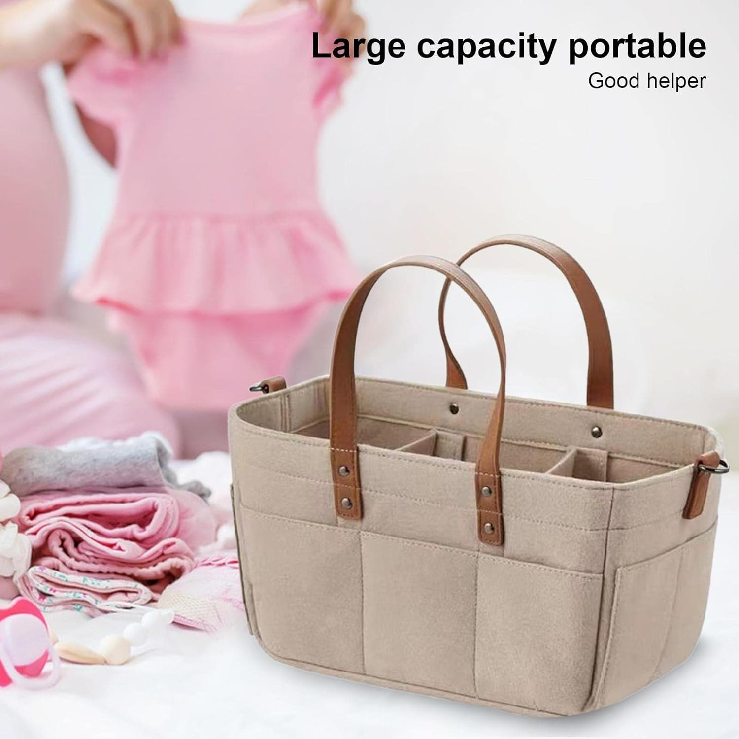 Large Capacity Baby Diaper Caddy Organizer, Nursery Storage Bin, Diaper Caddy Organizer with Multiple Compartments Handles, Portable Large Baby Basket, Nursery Baby Organizer for Travel - Dark Gray image number 6