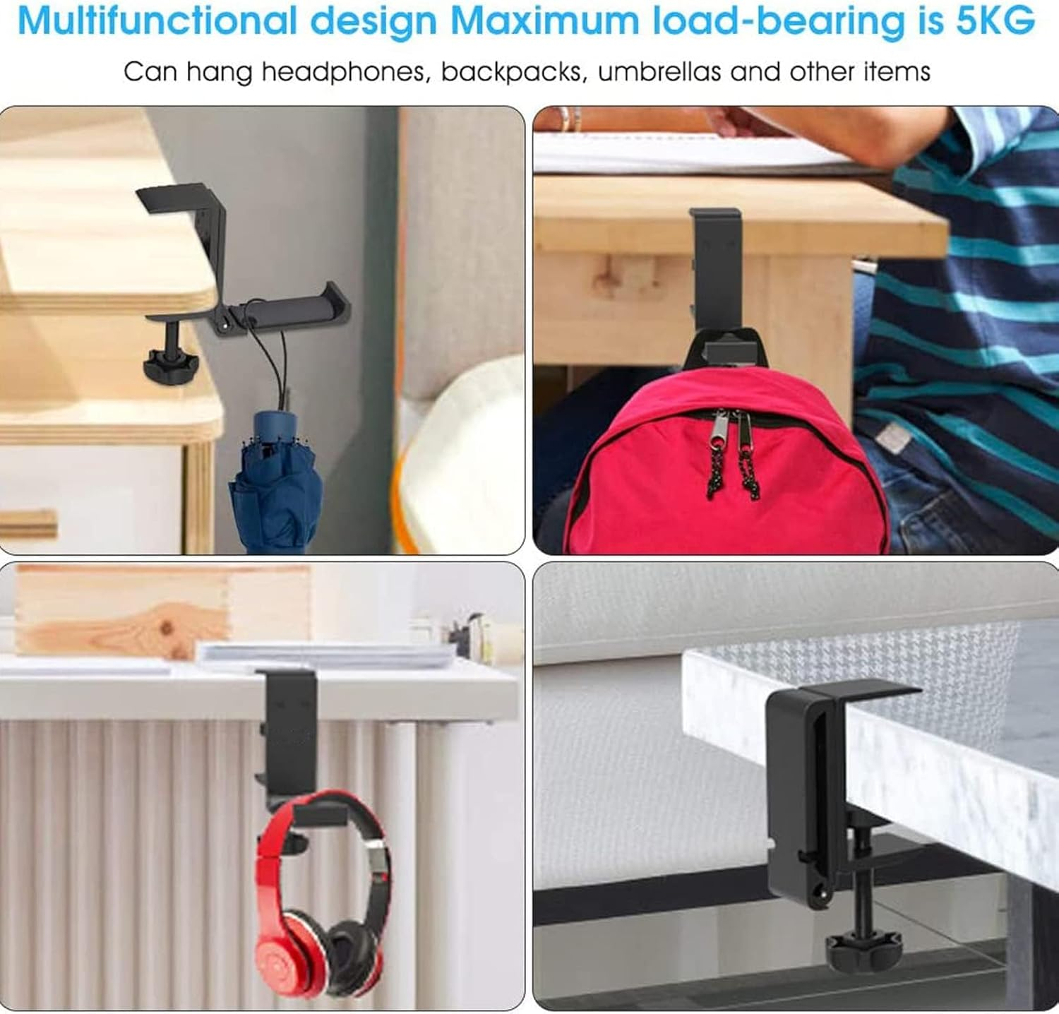 Headphone Holder, Necomi under Desk Headphone Stand Foldable Gaming Headset Hanger Mount Universal Metal Earphone Holder Hook image number 5