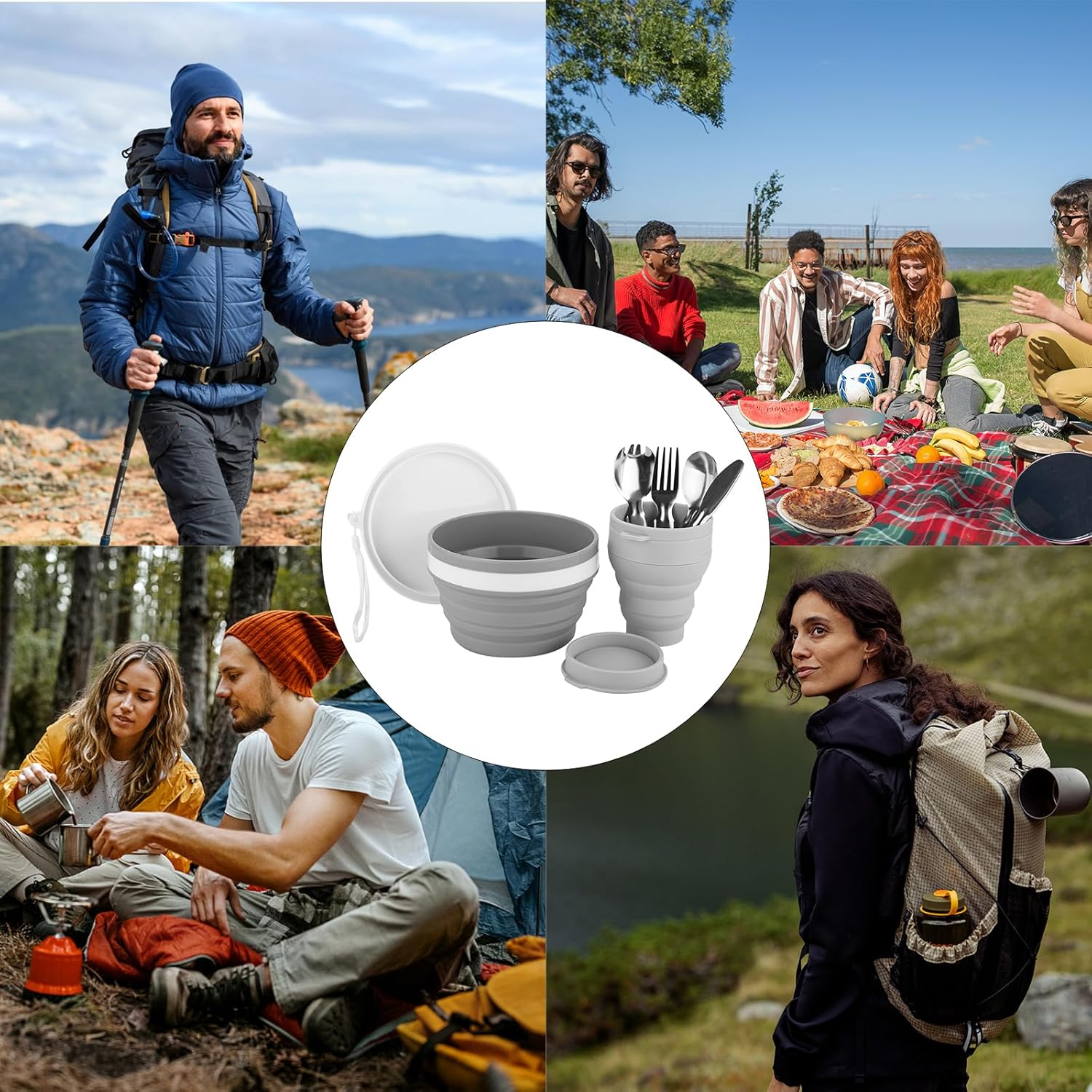 Foldable Mess Kit, ISFORU Portable Collapsible Camping Cups Bowls with Cutlery Set, Microwave Oven Available Food Grade Silicone for Travel Outdoor Hiking and Picnic for 1