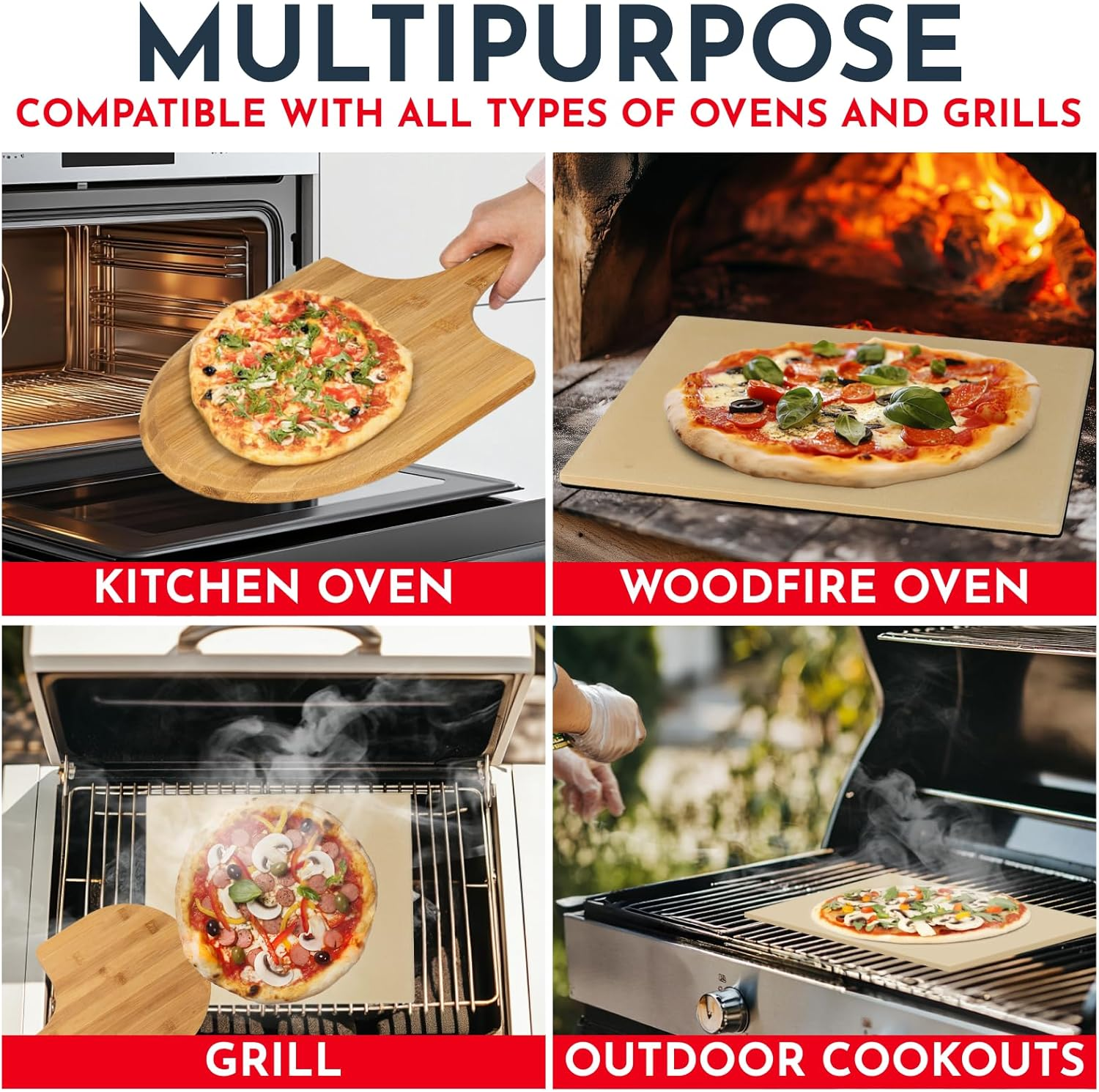 Culinary Couture Rectangular Cordierite Pizza Stone - 15X12 Inches - Beige - 3PCS Set with Wooden Peel - Baking Stone for Pizzas & Bread image number 2