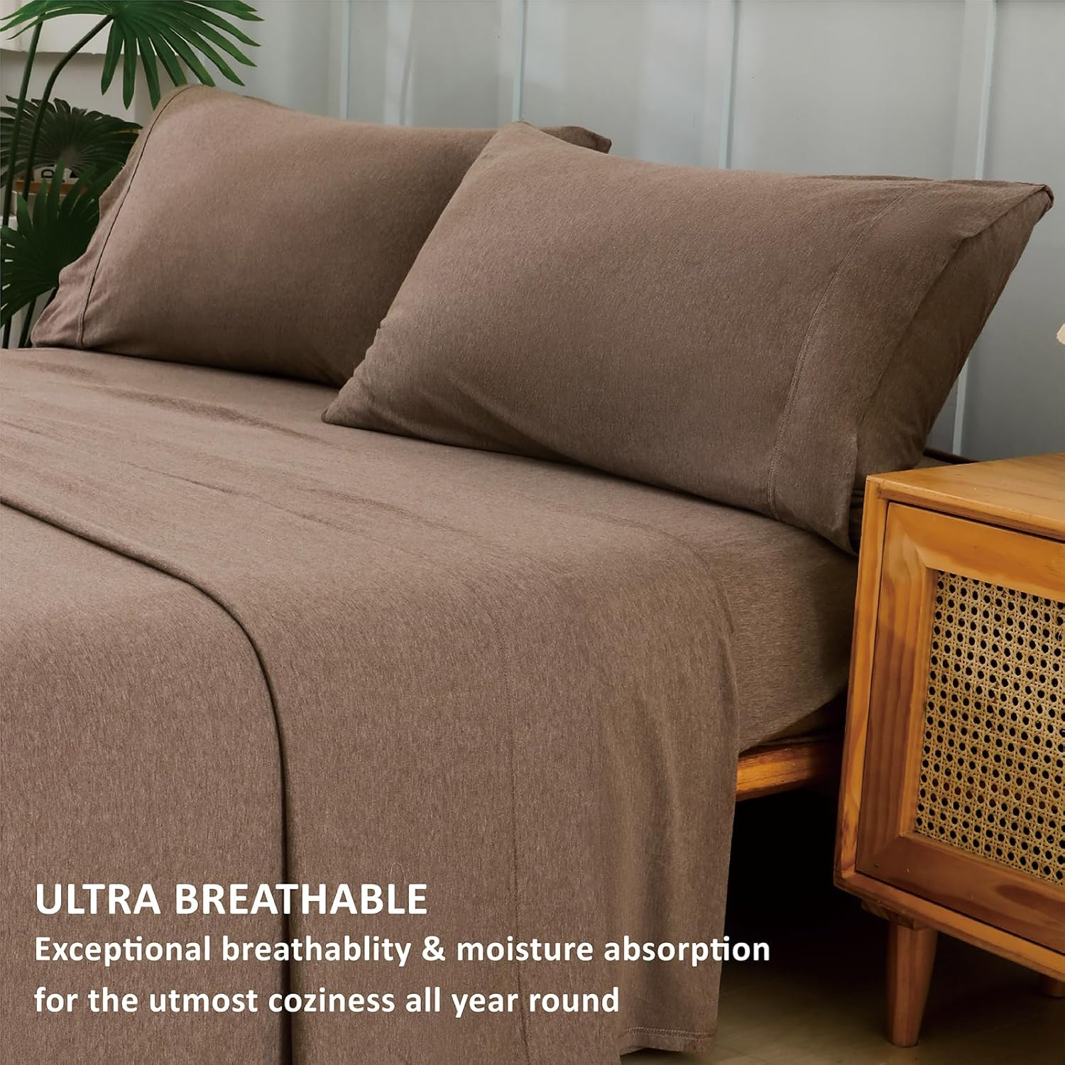 Jersey Cotton Queen Bed Sheets Breathable Ultra Soft Cotton Jersey Sheets Queen Comfy All Season 4Pcs Stretchy Knit T Shirt Fitted Jersey Sheet Set Queen Bed (Coffee Marle, Queen)