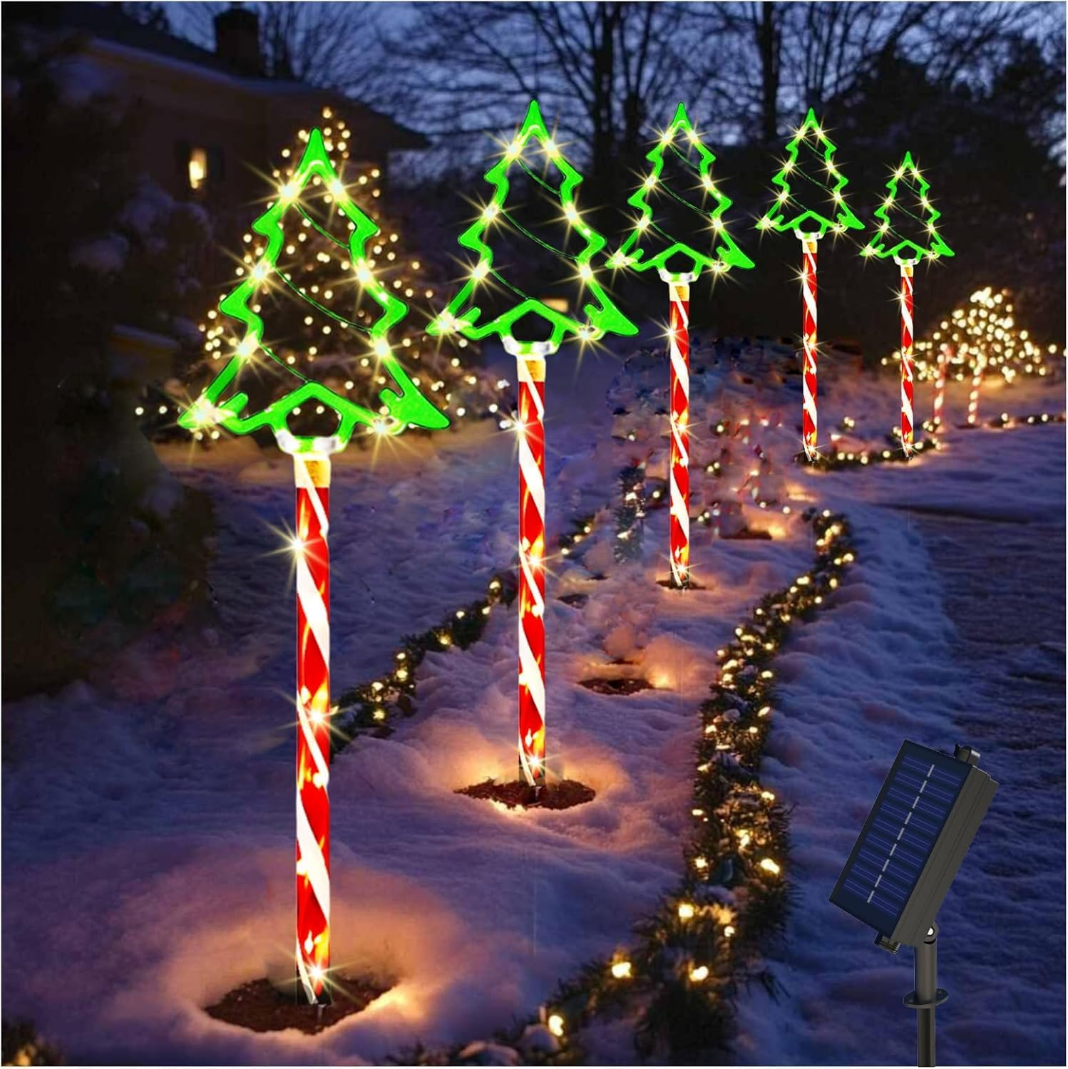 5 Pack Christmas Solar Pathway Lights Outdoor Decorations, 8 Modes Christmas Tree Candy Lights with 70 Leds, Waterproof Xmas Garden Stake Lights for Walkway Yard Lawn Porch Holiday Decor image number 3