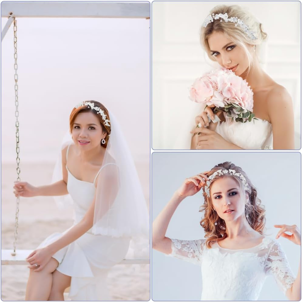 PEALOVCOM Bridal Hair Accessories Pearls Wedding Communion Headband Bridal Headpiece Hair Wreath White Pearl Headband with Adjustable Chiffon Band for Bride Bridesmaid Flower Girl Women Girls, Resin image number 5