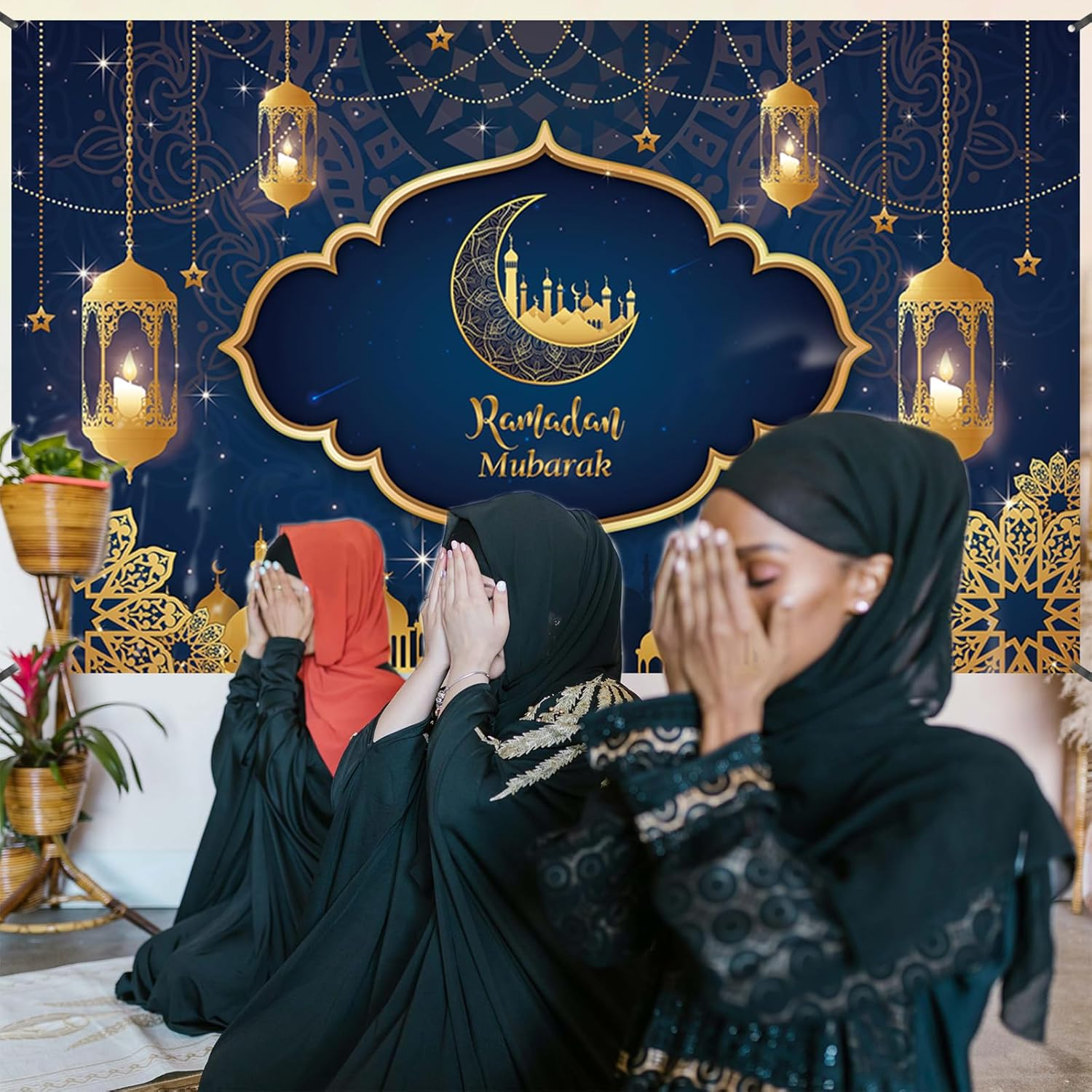 Ramadan Mubarak Banner 2025, Extra Large Fabric Eid Kareem Backdrop for Decorations, 72 X 44 Inch Star Moon Lanterns Castles Photo Booth Background for Islamic Muslim Al-Fitr Party Supplies image number 1