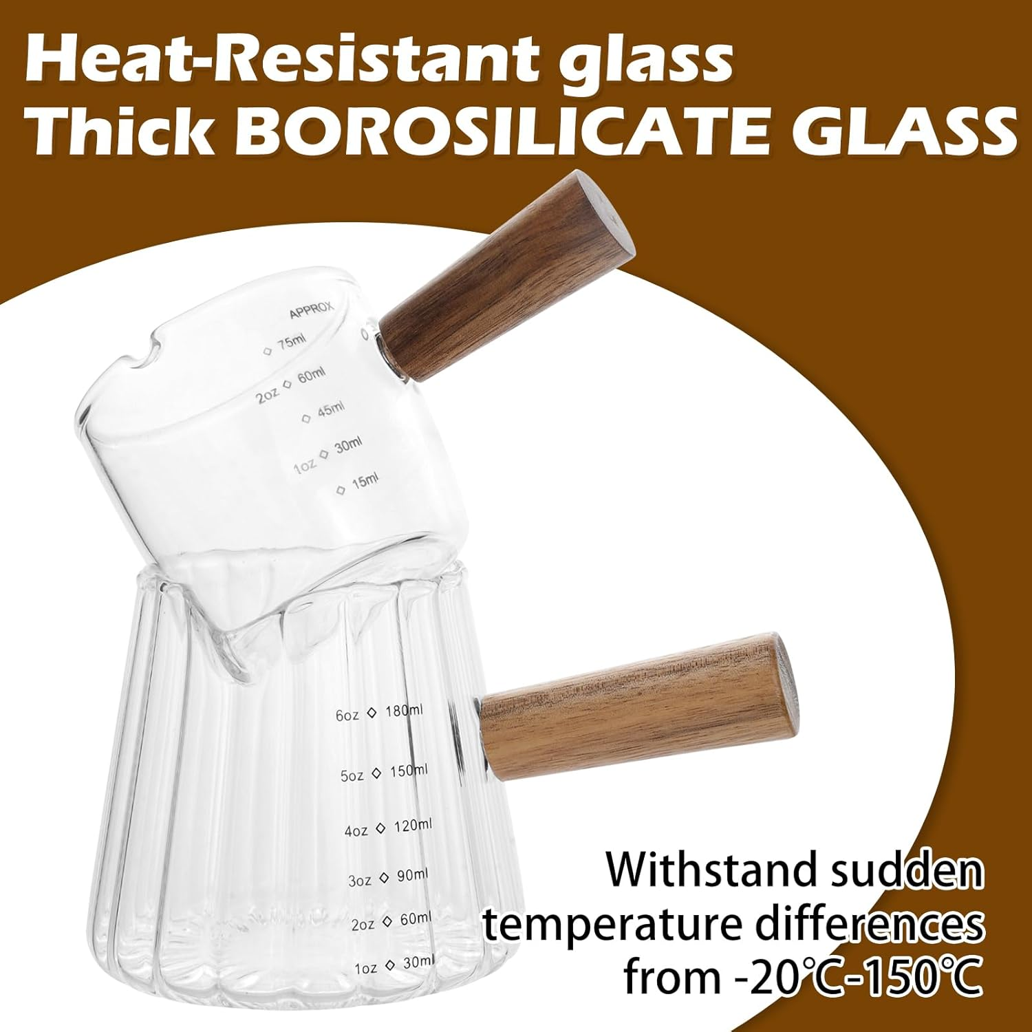 2 PCS Espresso Shot Glass with Coffee Measuring Spoons, Single Spout Glass Measuring Cup, Wood Handle, Dual Scale, Accessories for Coffee Milk (6Oz, 2.5Oz) image number 2