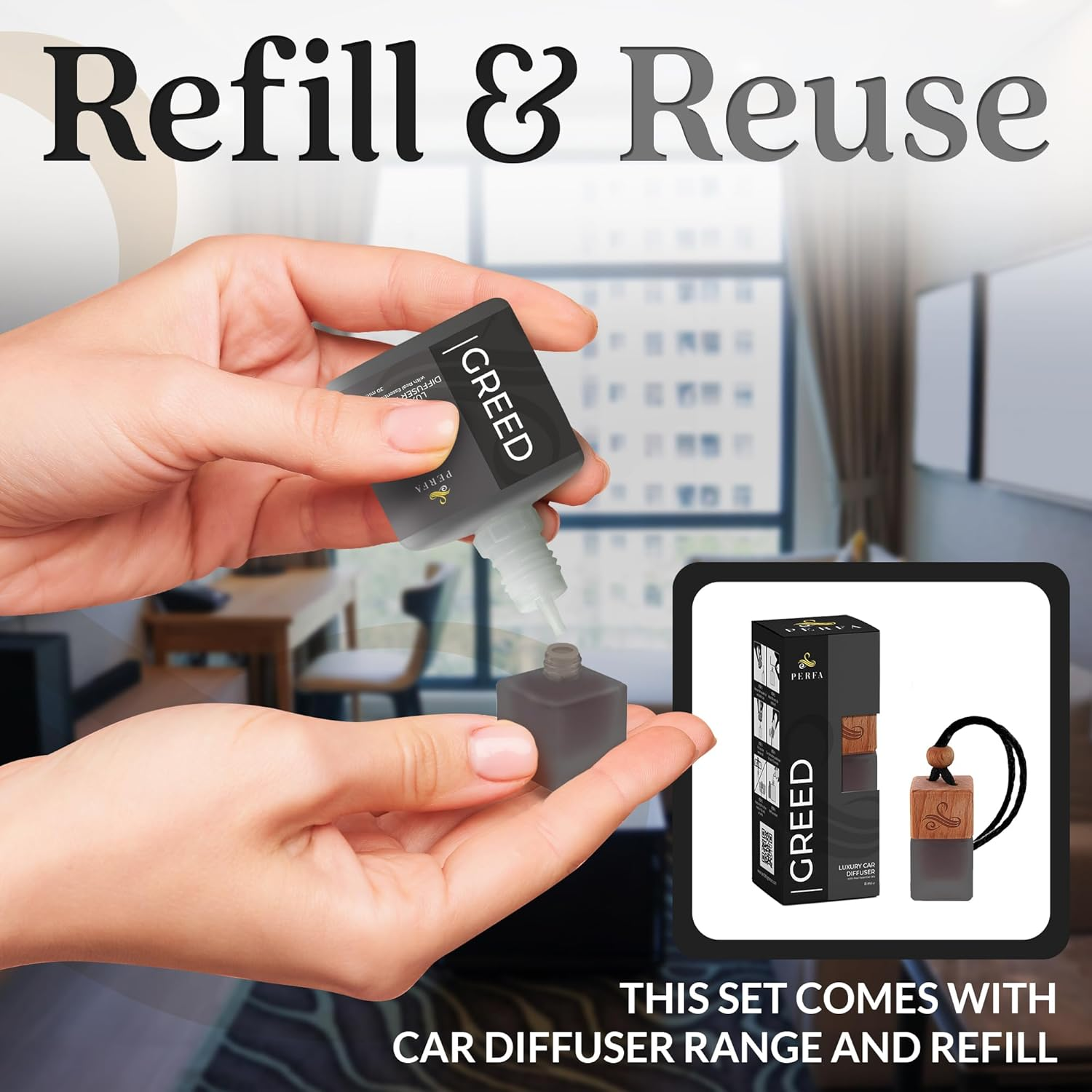 Greed Gift Set with Refill Bottle | Perfume Style Freshener | Strong Car Freshener with Odour Eliminator Technology | Automotive Air Freshener | Car Scents by Perfa image number 2