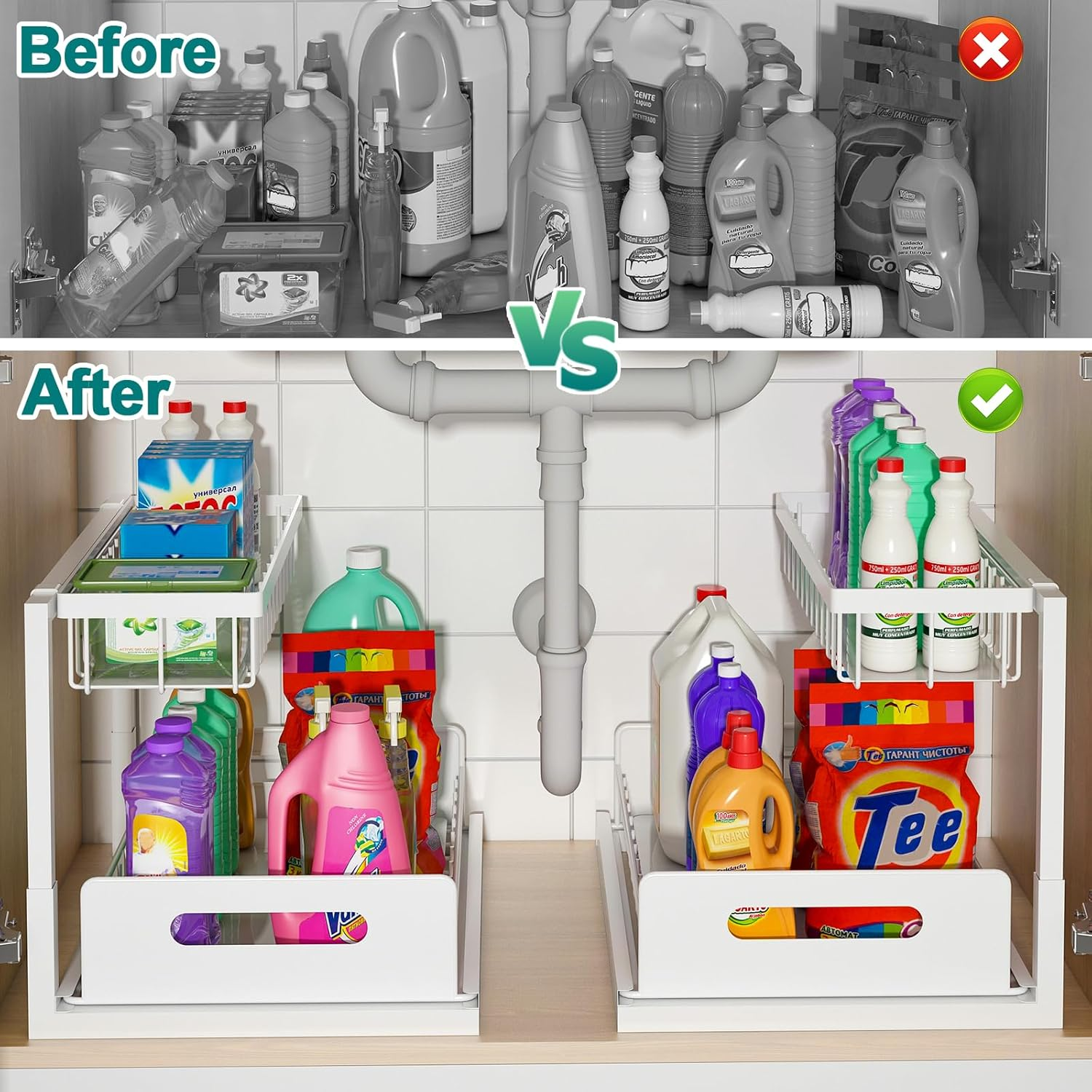 Bukfen under Sink Organizer, Pull Out Cabinet Organizer 2-Tier Slide Out Sliding Shelf under Cabinet Storage Multi-Use for under Kitchen Bathroom Sink Organizers and Storage,White,1 Pack image number 6