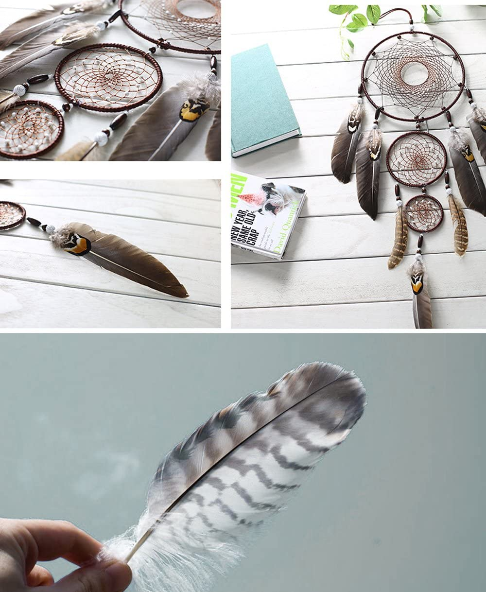 Large Dream Catcher Handmade Brown Feather Circular Net for Kids Bed Room Wall Hanging Decoration Decor Ornament Craft &ndash;Dia 7.9"/ Long 31.5"