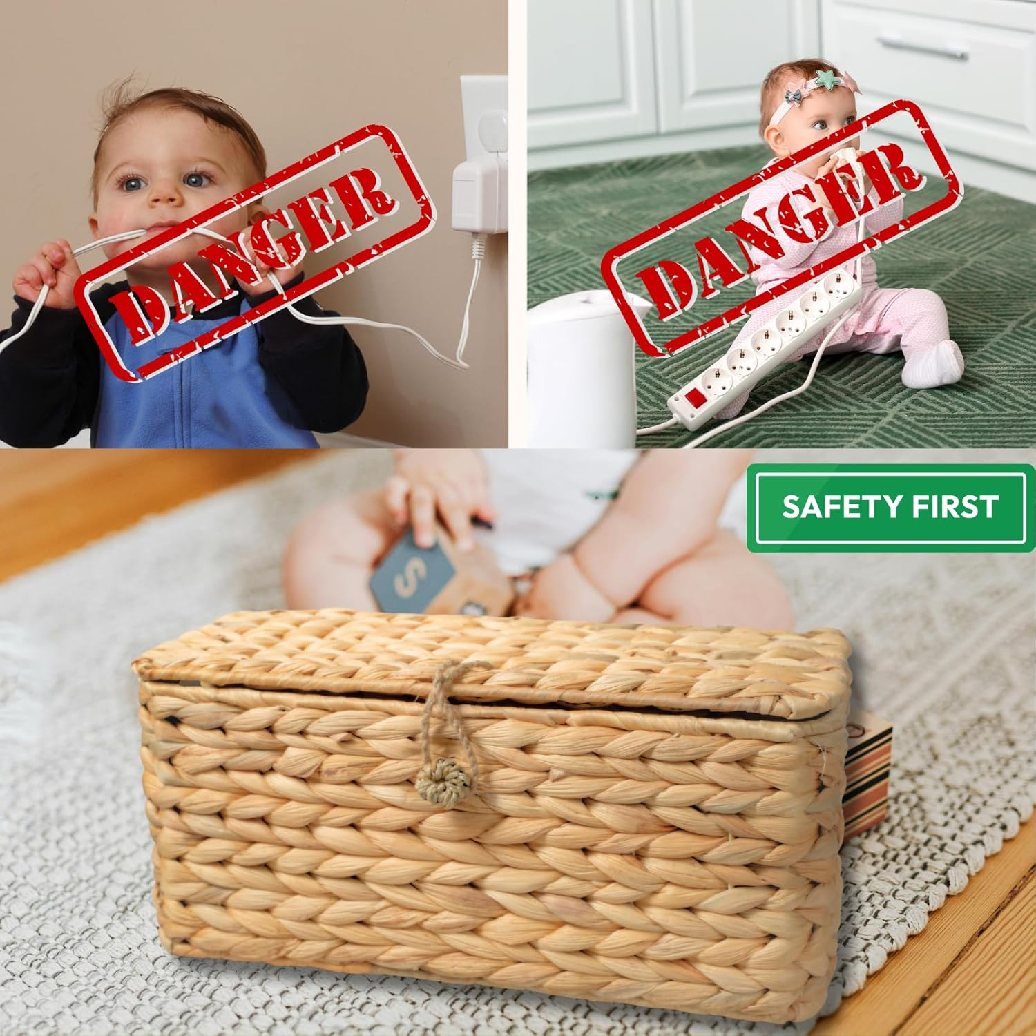 BINH YEN HOME Wicker Cable Management Box with Lid, a Handwoven Water Hyacinth Cords Hider Box for TV, Computer, Router, USB Hub to Hide Cords & Power Strip for Desk, Floor, Office 12.8X5.5X5.5 image number 6