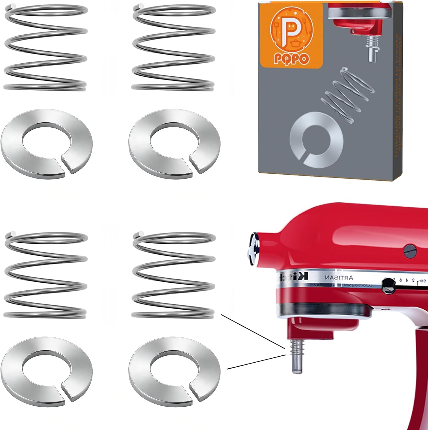 4 Pack Stainless Steel Spring & Washer Kit Compatible with Kitchenaid Stand Mixer 3.5-7QT, Mixer Replacement Parts, Reduces Shaking & Wear image number 4