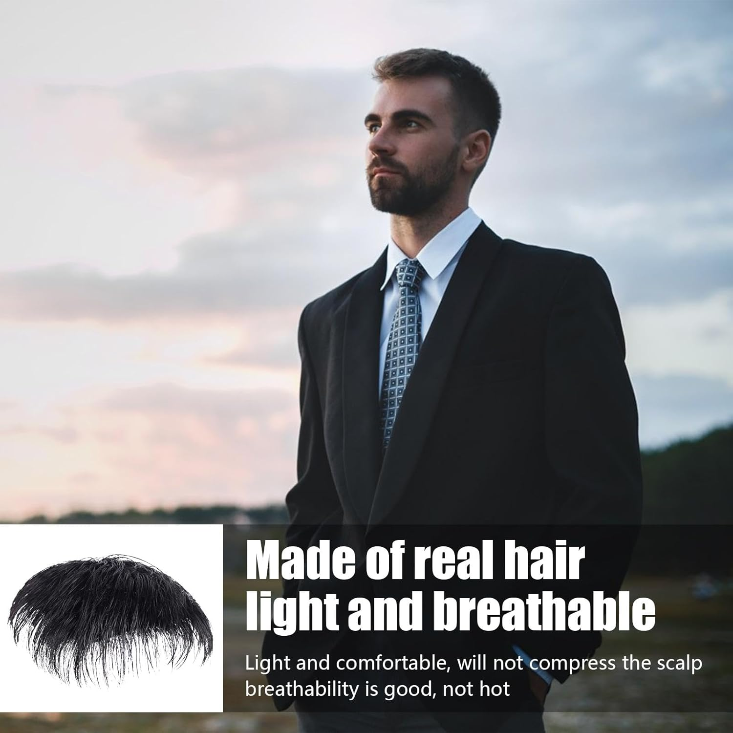 Men'S Hair Patch - Natural Black Short Hairpiece Extensions, Real Human Hair Topper for Men | Boost Confidence with Clip- Hair Replacement, Perfect for Bald Spots and Thinning Hair - 14 X 14Cm/5.5 X 5.5 Inch image number 3