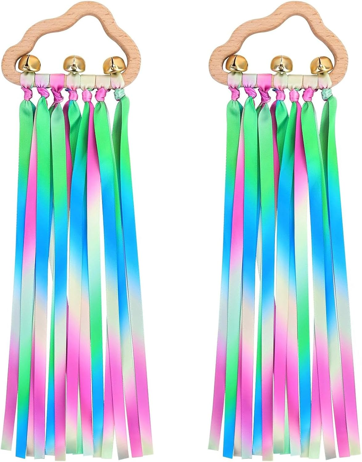 Baby Sensory Ribbon Ring Toys - 2Pcs Rainbow Ribbon Rattle Natural Wooden Ribbon Ring, Sensory Montessori Toy for 3+ Month Babies Toddler (Multicolor)