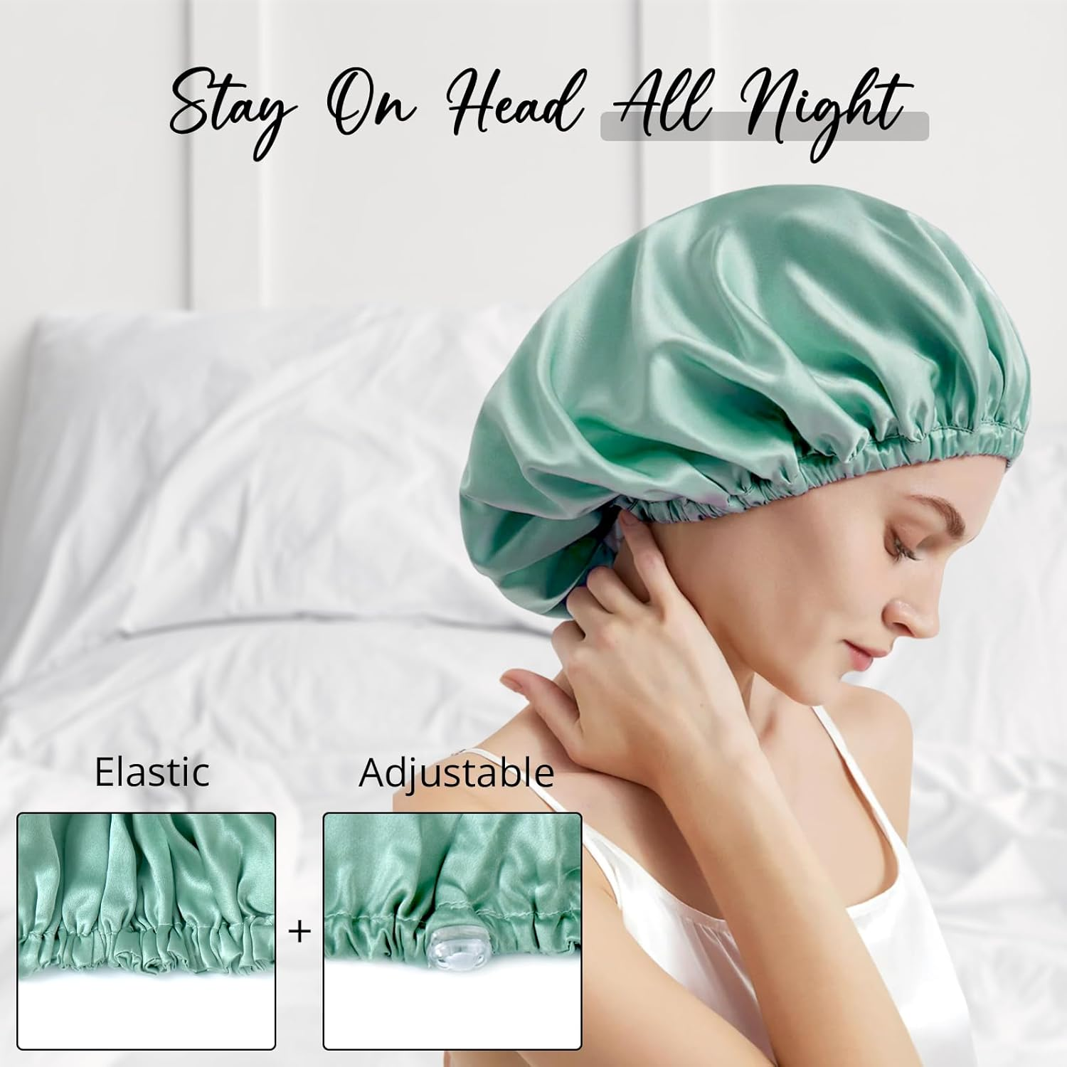 WIGI 100% Mulberry Silk Bonnet with Scrunchie Gift for Women, Silk Bonnet for Sleeping, Shower Cap Hair Bonnet, Silk Hair Wrap for Hair Care (100% Mulberry Silk (Round Design), Green) image number 4