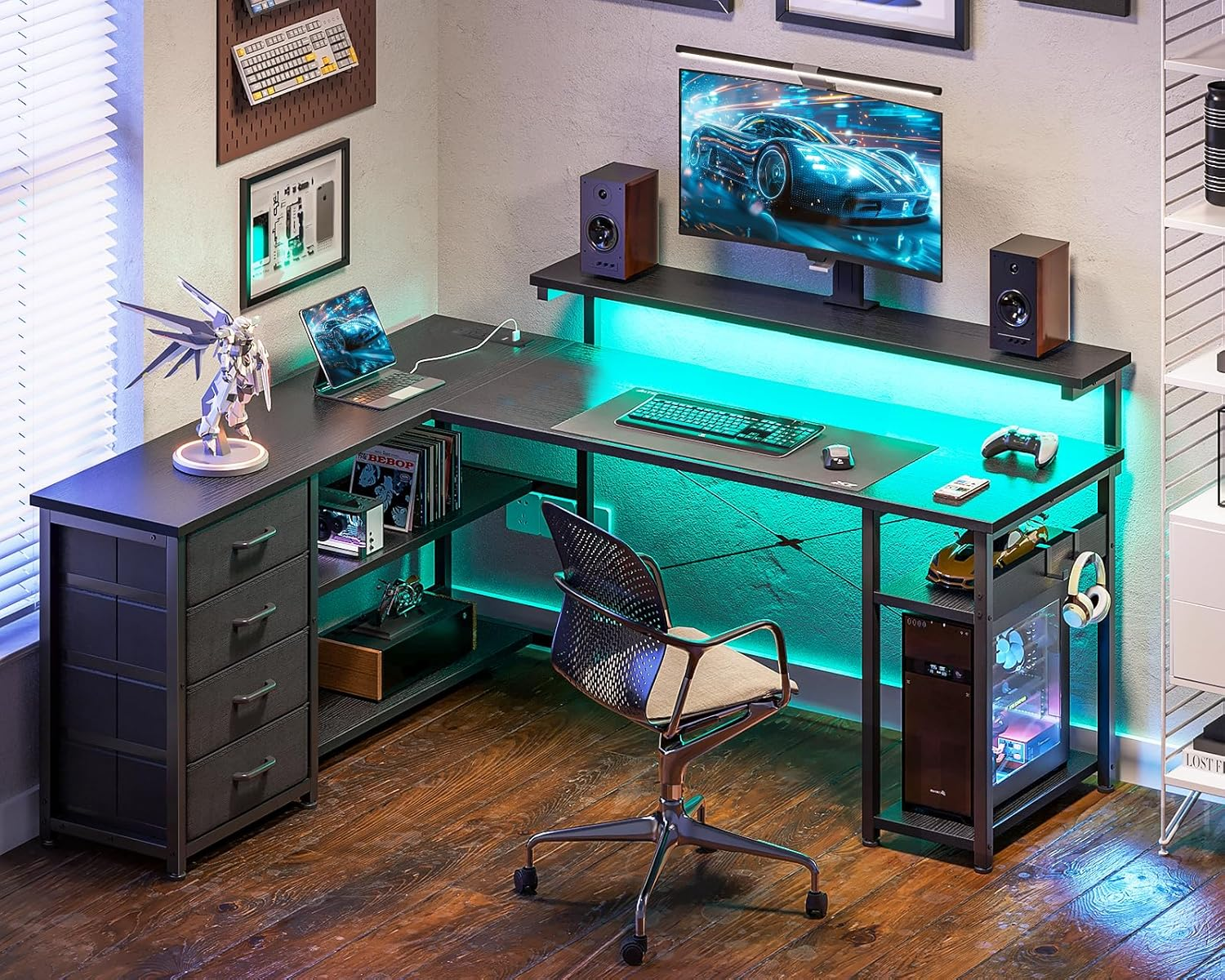 ODK L Shaped Desk with 4 Drawers, Corner Gaming Desk with LED Lights & Power Outlets, Reversible Home Office Computer Desk with Monitor Shelf,135 * 112.1 * 91.2Cm, Black image number 4