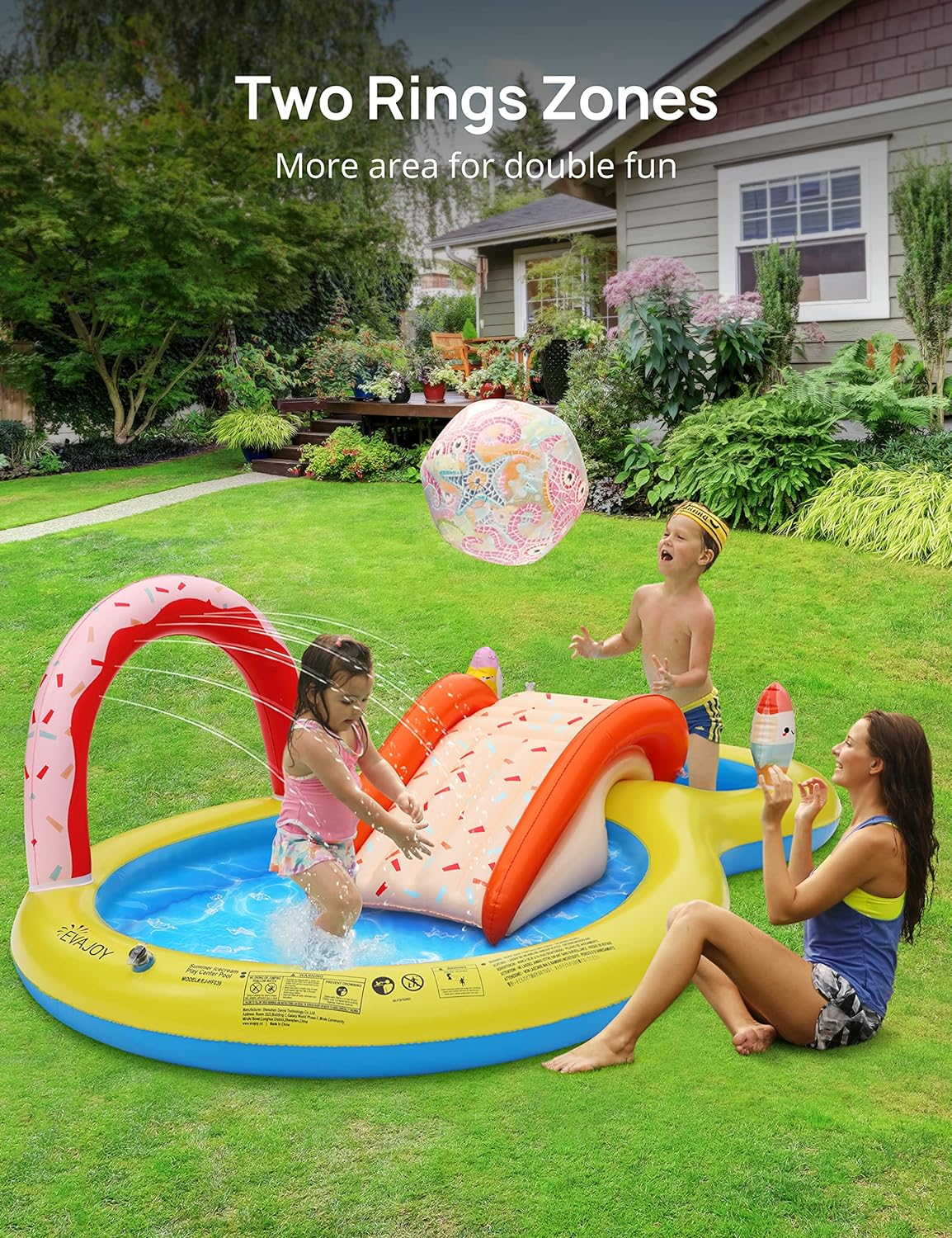EVAJOY Inflatable Kiddie Pool, 101&rdquo; X 57&rdquo; X 24&rdquo; Play Center with Detachable Slide for Children, Sprinkler, Ball Pit for Indoor Usage, Easy Setup for Garden, Backyard