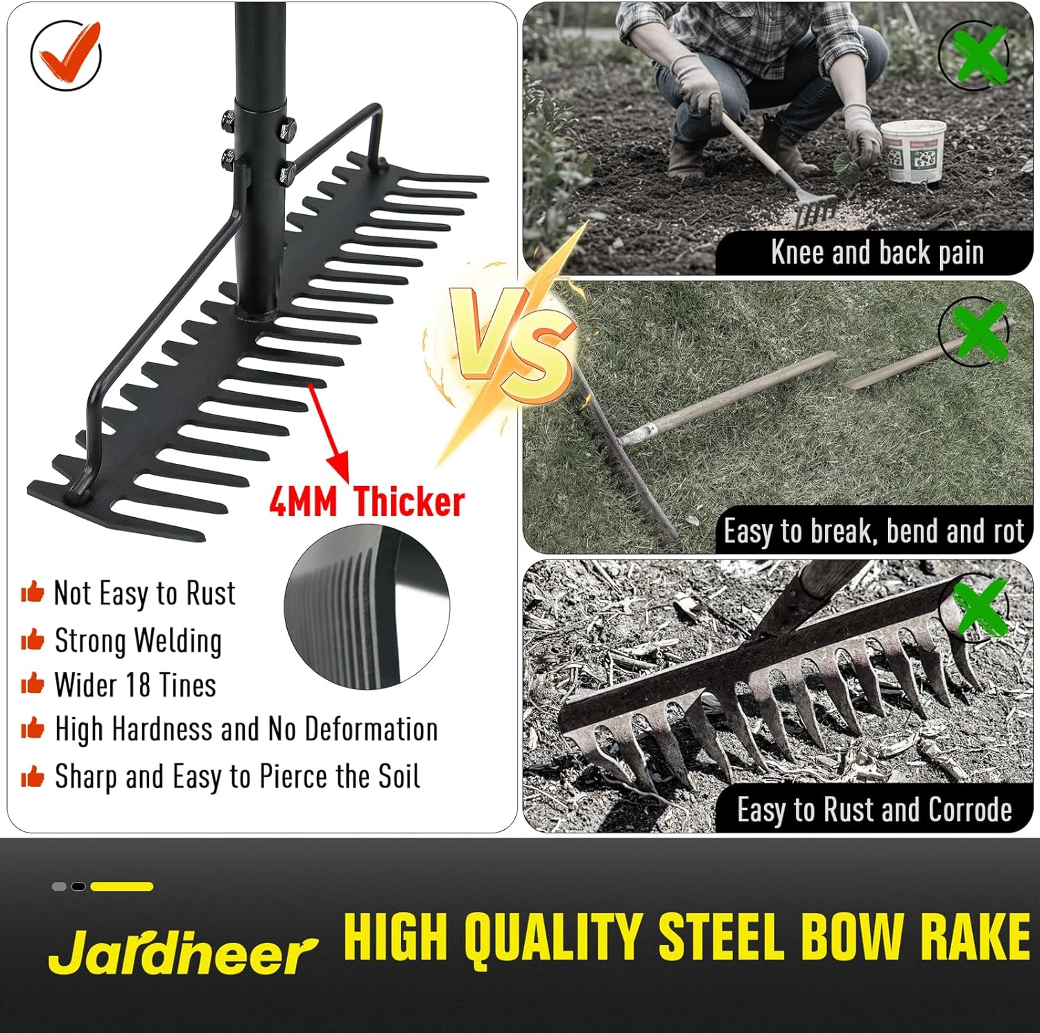 Jardineer Bow Rake Heavy Duty, Long Handle Metal Rakes for Gravel, Rocks, Lawns Leaves, Soil Leveling, Landscaping, Garden Rake with 18 Steel Tines (59 Inches) image number 4