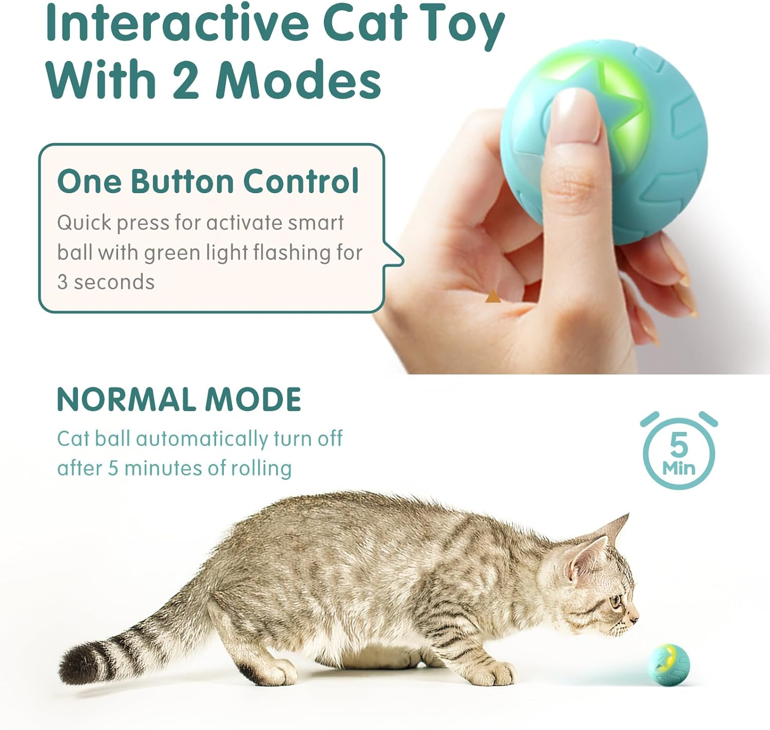 Interactive Cat Toy Ball, Baytion Cat Balls Automatic Moving Rolling Cat Toys for Indoor Cat Kitten, with 2 Modes, LED Lights Changeable, Type-C Rechargeable, Mintgreen