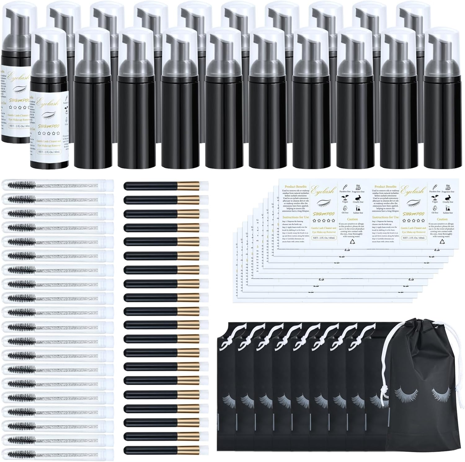 50 Pcs Lash Shampoo Bottle Brushes Set, Empty Lash Shampoo Bottles, Lash Shampoo Label Stickers, Mascara Wands and Tubes Eyelash Brush, Lash Cleansing Brushes, Bag for Lash Extensions Aftercare(Black)