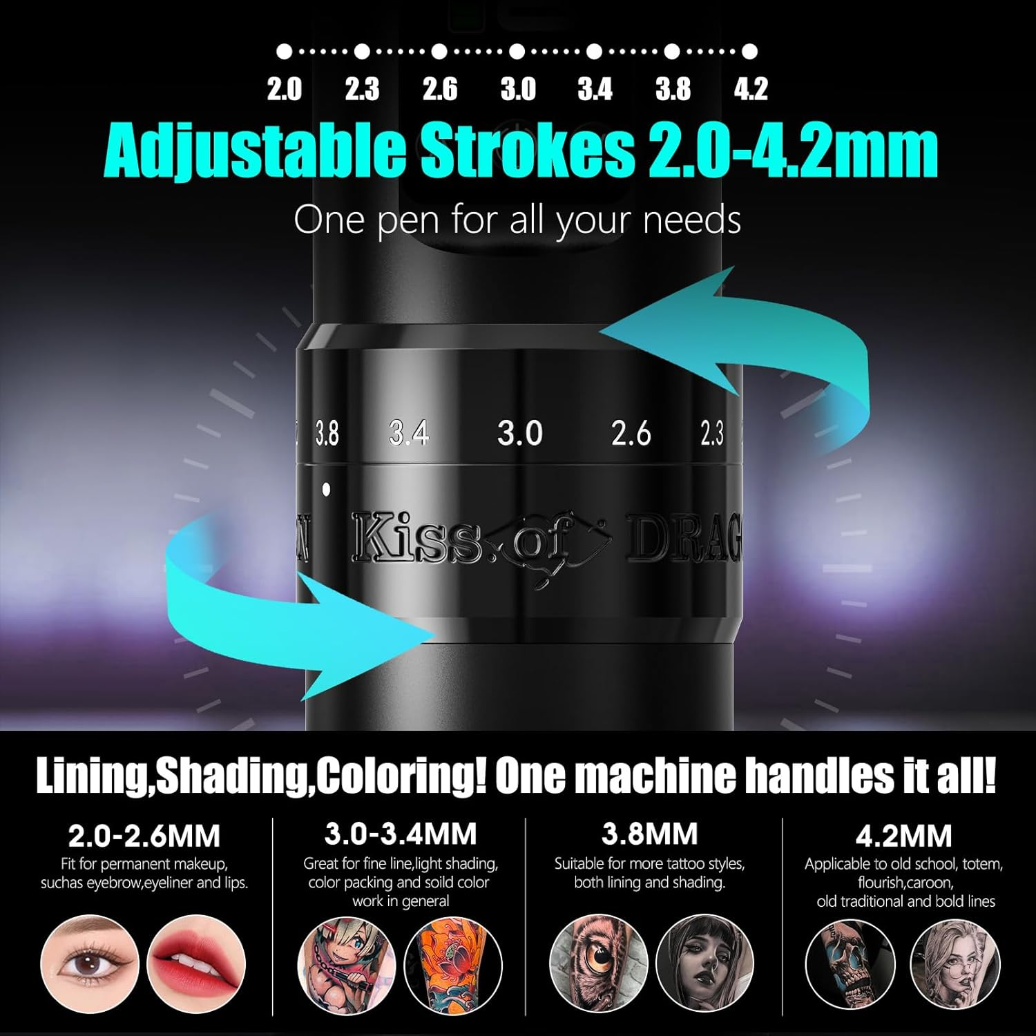 Kiss of Dragon Beginner Tattoo Gun - Wireless Tattoo Machine Ink Pen 1800Mah Battery image number 5