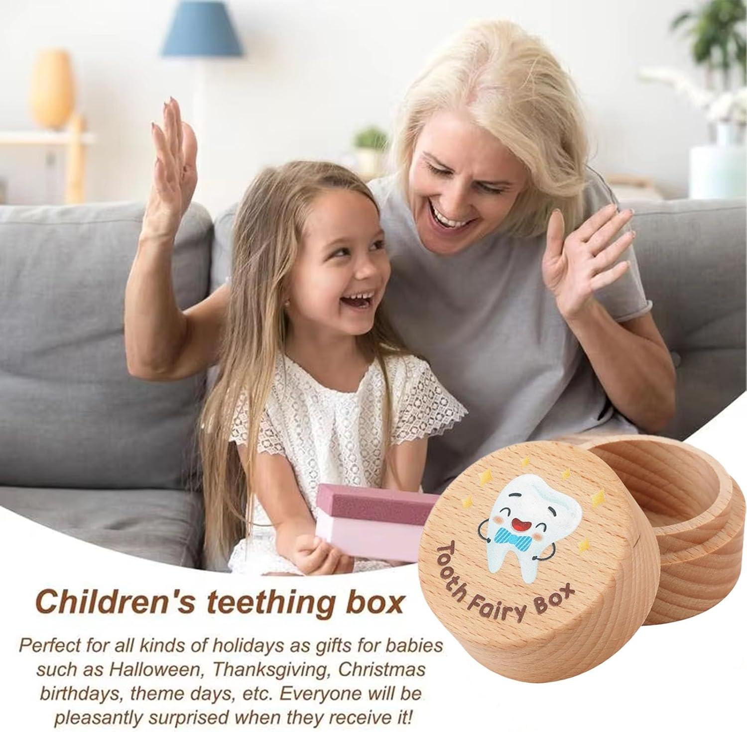 Tooth Fairy Door Hanger - Blue Wooden Tooth Fairy Money Holder Box for Lost Tooth, Cute 3D White Tooth Keepsake Cartoon Image. image number 5