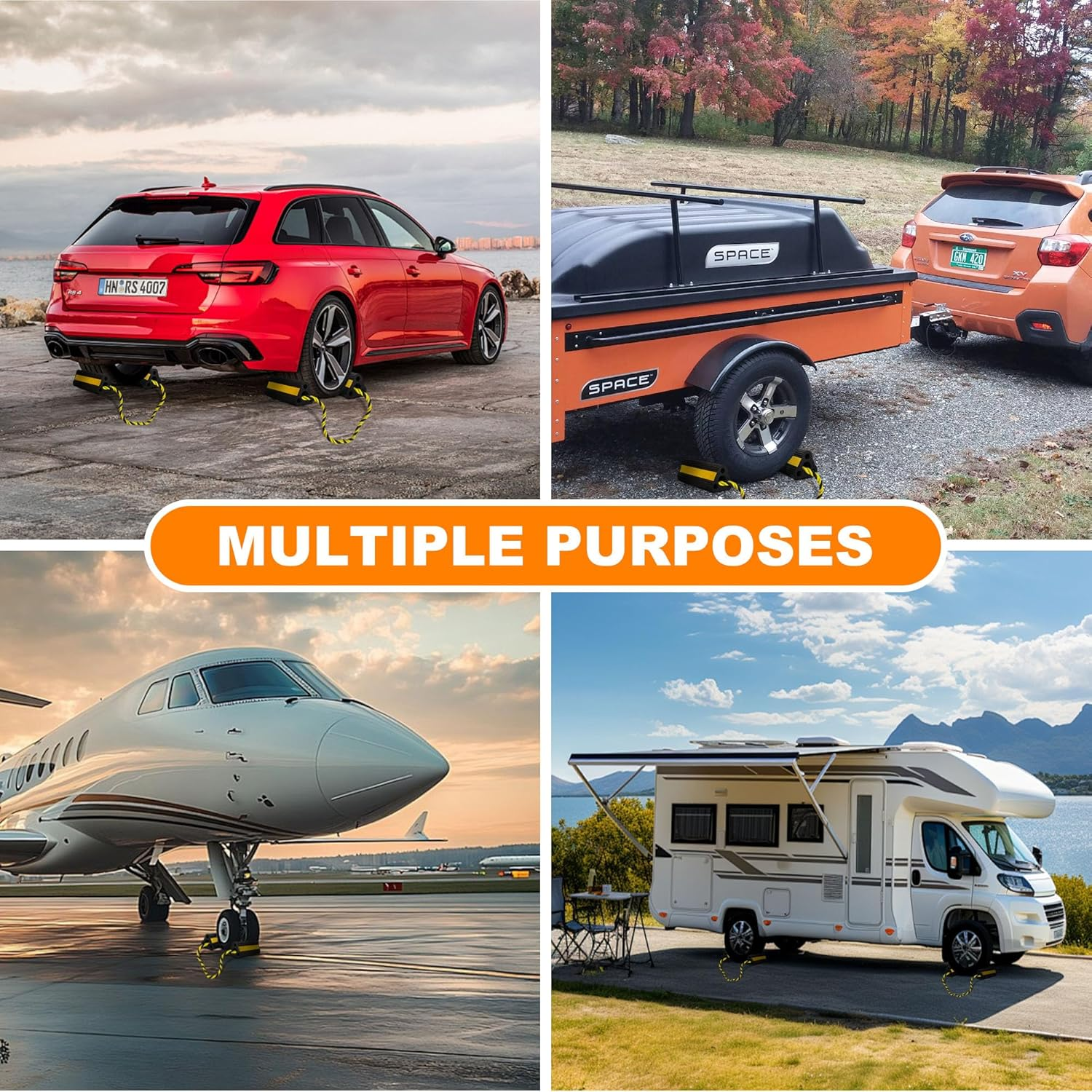 Wheel Chocks [1Pair/2Pack with Rope] for RV Trailer Camper Truck Car, Heavy Duty Rubber Tire Block with Reflective Strips, Non-Slip Base, Camper RV Accessories image number 3