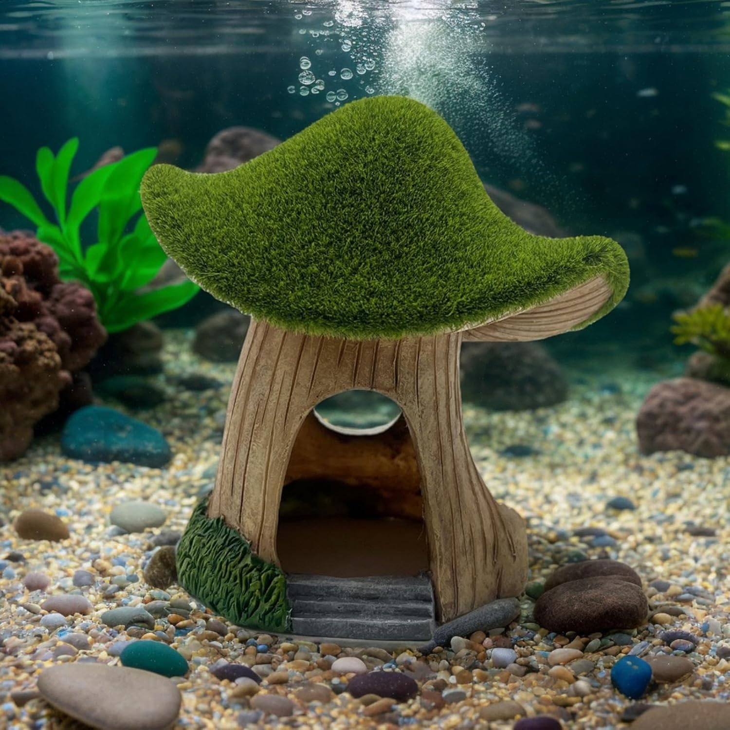 Hjatirace Fish Tank House | Mushroom Green Moss Aquarium House Cave - Fish Shelter Landscape Cave Decor for Live Fish, Pet Shrimp, Reptiles image number 1
