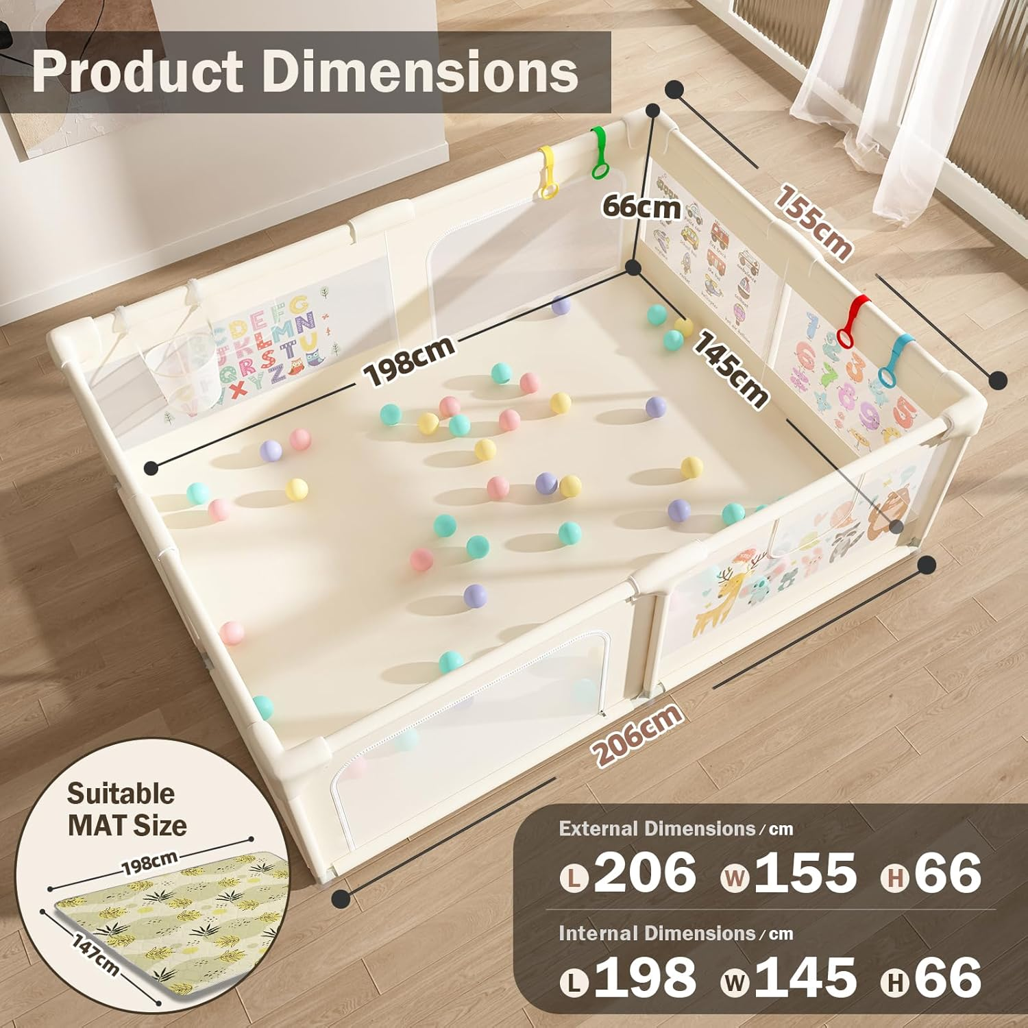 200X150Cm Playpen Baby, Extra Large Play Pen for Toddlers with Pattern Anti-Slip Sturdy Baby Play Yards Fence with 50 Balls, 4 Pull Rings, Balls Storage, Ball Storage & Zipper Door (Beige) image number 2