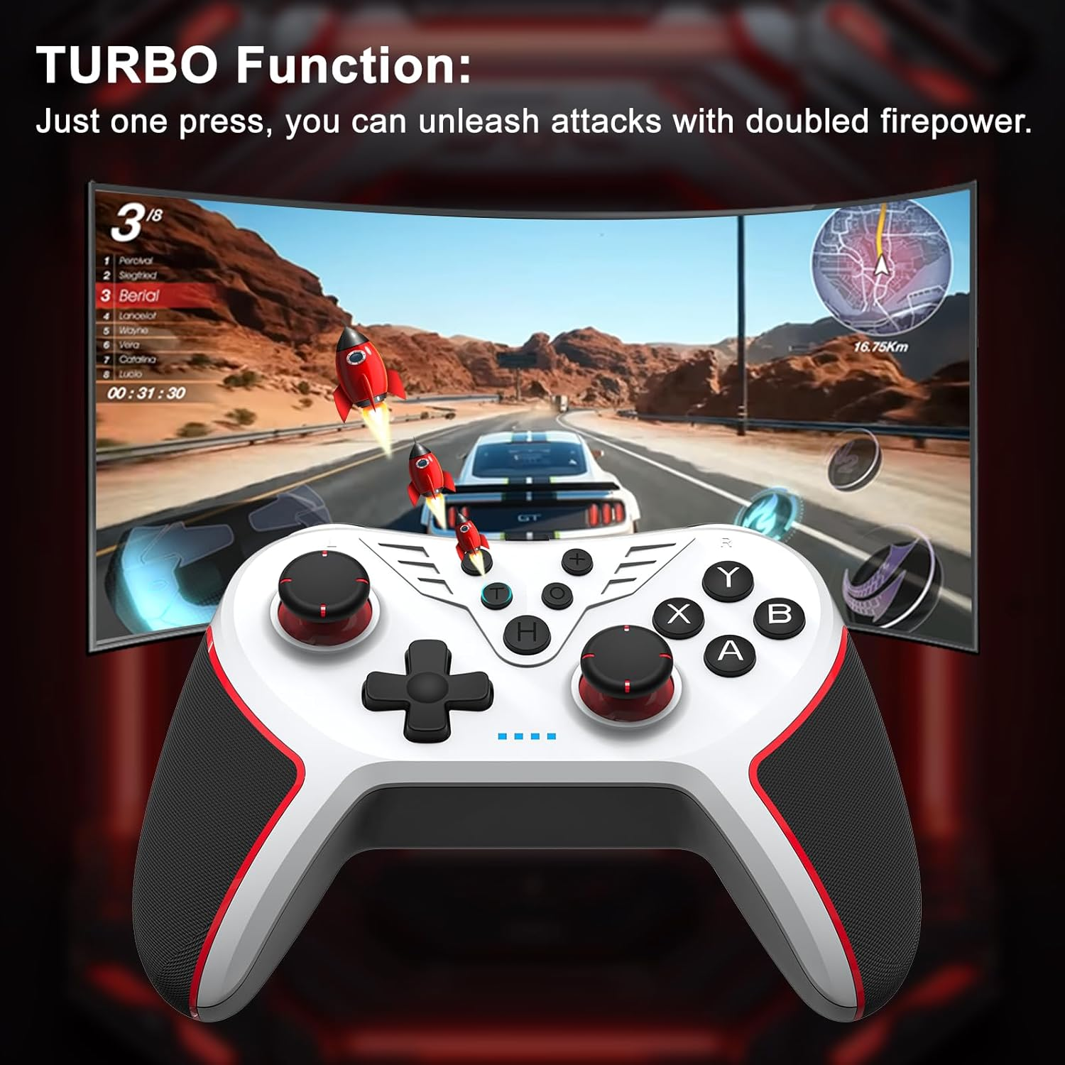 Multiplatform Gaming Controller for Pc/Switch, Wired USB with Turbo Function, Programmable Buttons, Vibration Feedback (White Red Black)