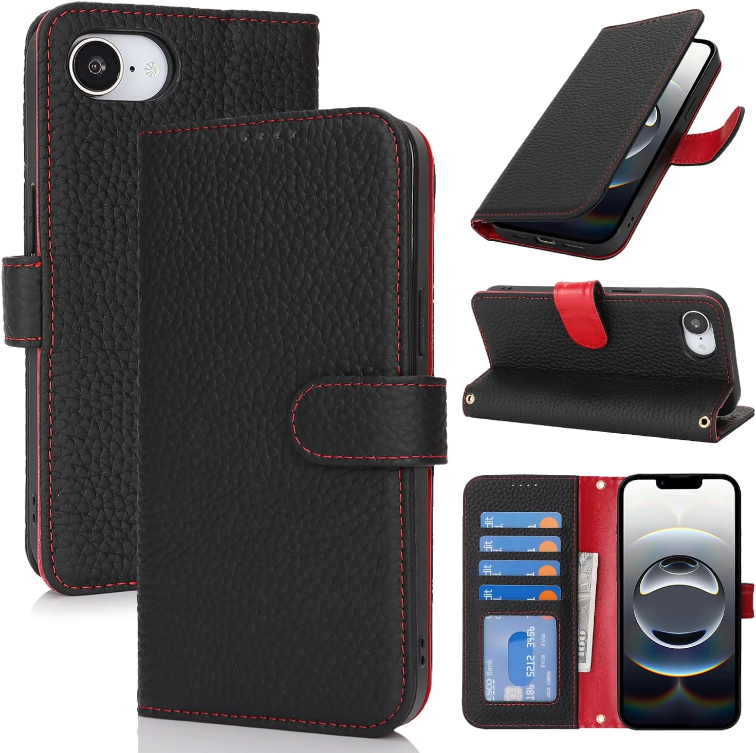 For Iphone 16E Case Genuine Leather Wallet for Iphone16E I16E Sunyoo Case Folio Porte Feuille Coque &Eacute;tui Funda Portefeuille Femmes Homme RFID Blocking Magnetic Book Flip Cover Black Red image number 6