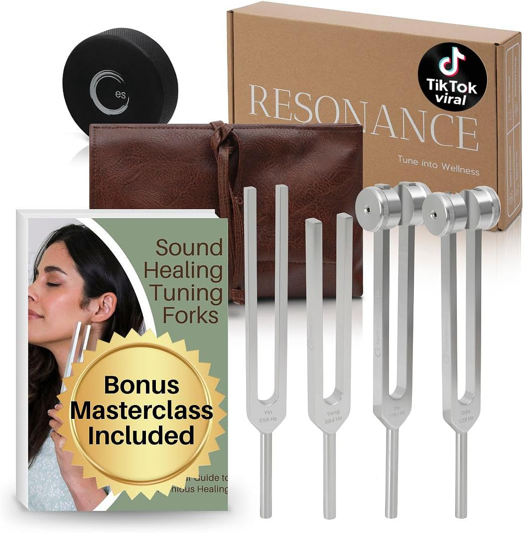Resonance Tuning Forks for Healing Set - Weighted & Unweighted Tuning Fork Set Including 128Hz, 136Hz, 256Hz, 384Hz & Hockey Puck Activator - Chakra Sound Therapy Instruments in a Vegan Leather Pouch image number 4