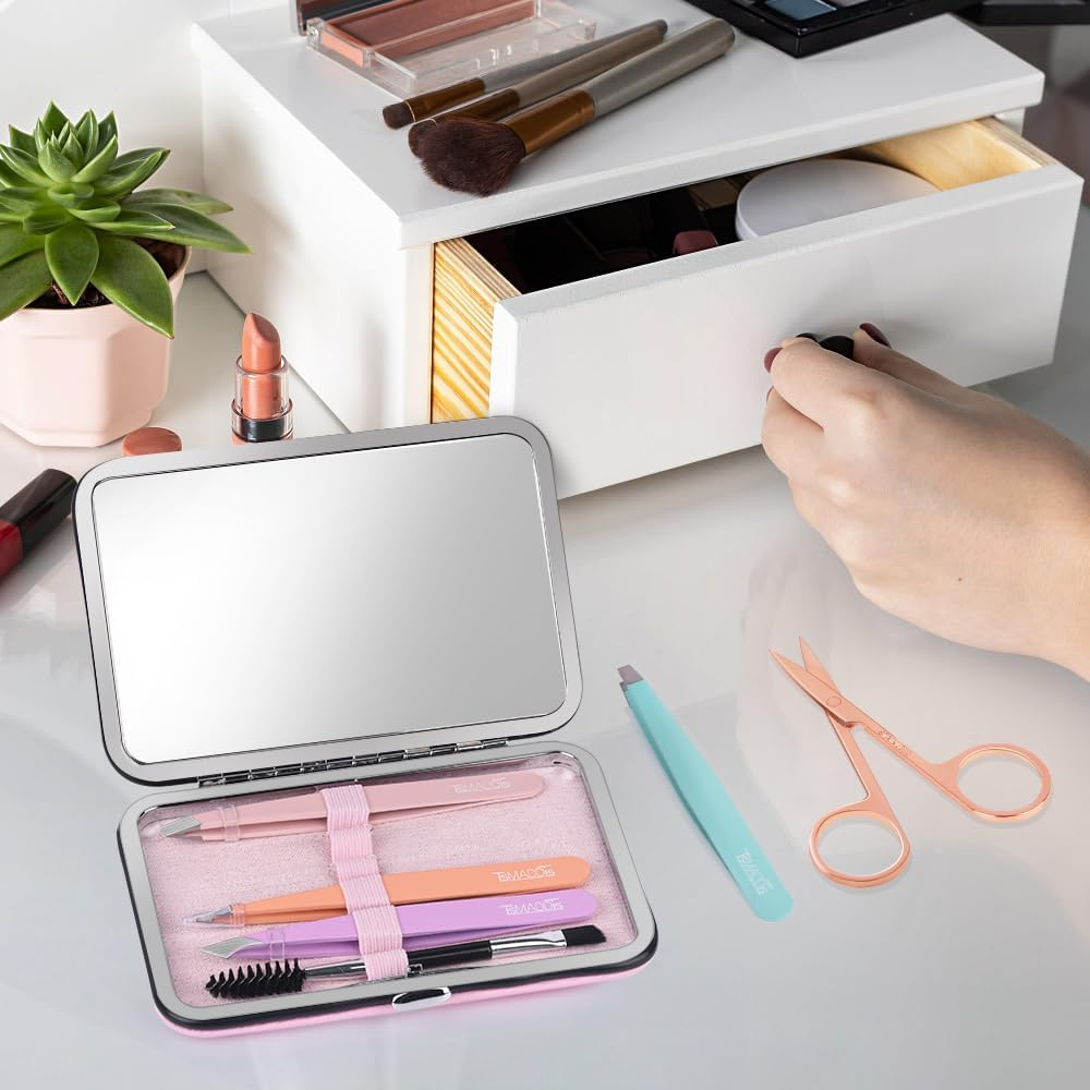 Tsmaddts Tweezers for Women Facial Hair - Precision Tweezers Set with Travel Case - Stainless Steel with Scissor, Mirror image number 3