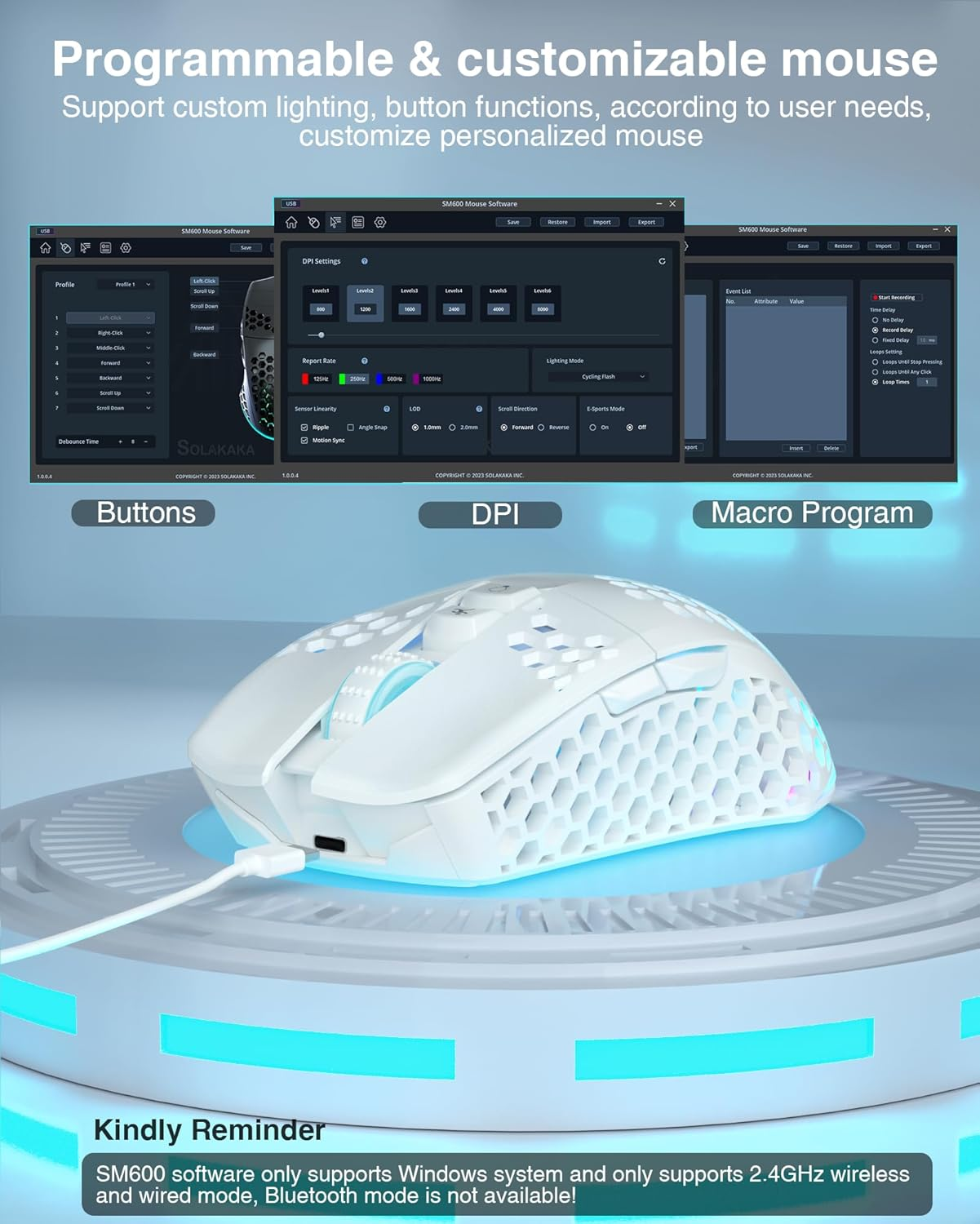 SOLAKAKA SM600 White Wireless Gaming Mouse,Tri-Modes Bt5.1/Type-C Wired/2.4G Wireless Mouse with 2 Side Buttons, Programmable Macro Gamer Mouse with RGB Light for Laptop/Pc/Mac image number 3