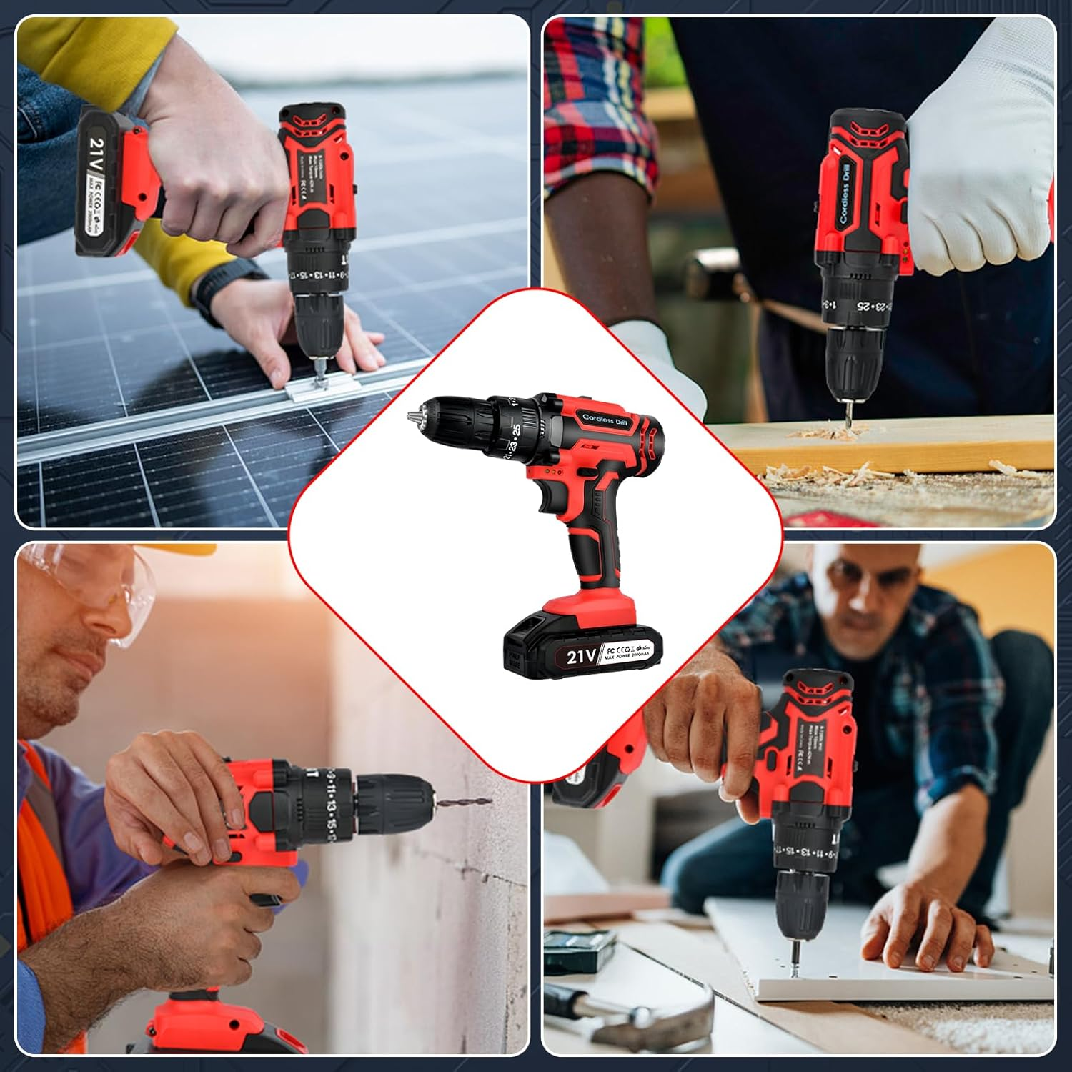 Cordless Drill Driver 21V: Powerful Cordless Drill Set with 2 Batteries 2.0Ah, 25+3 Torque, 24PCS Drill Bits, 2 Speed, LED Light for DIY Project image number 1