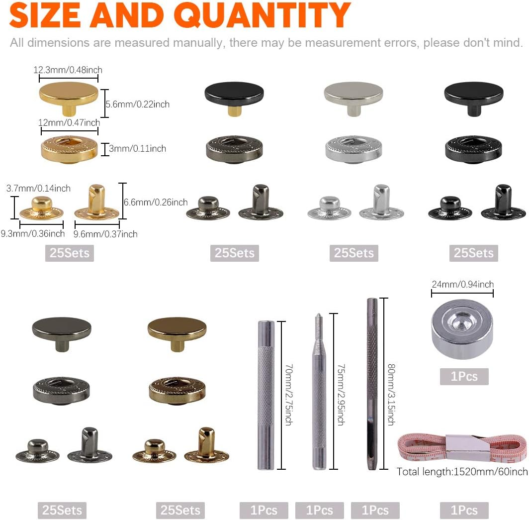 Rustark 150 Sets Leather Snap Fasteners Kit, 6 Colors Metal Button Snaps Press Studs with 4 Pieces Installation Tools for Leather Craft, Jackets, Jeans Wears, Bracelets and DIY Craft (12.5Mm) image number 2