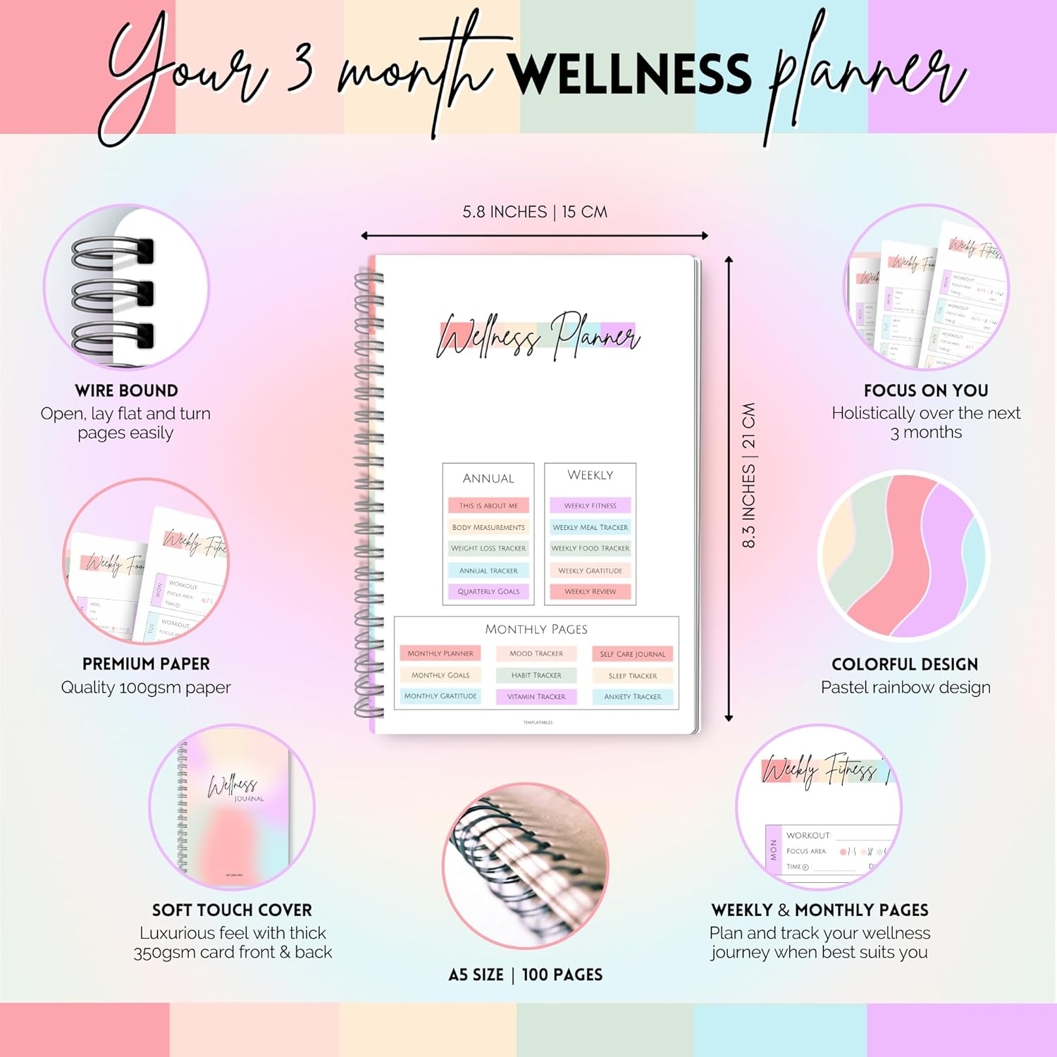 Templatables Wellness Journal - 90 Day Health, Fitness, Gratitude, Mindfullness, Wellbeing, Habit, Goals, Diet & Food Tracker - A5 Pastel Rainbow, (TPWPPR) image number 5