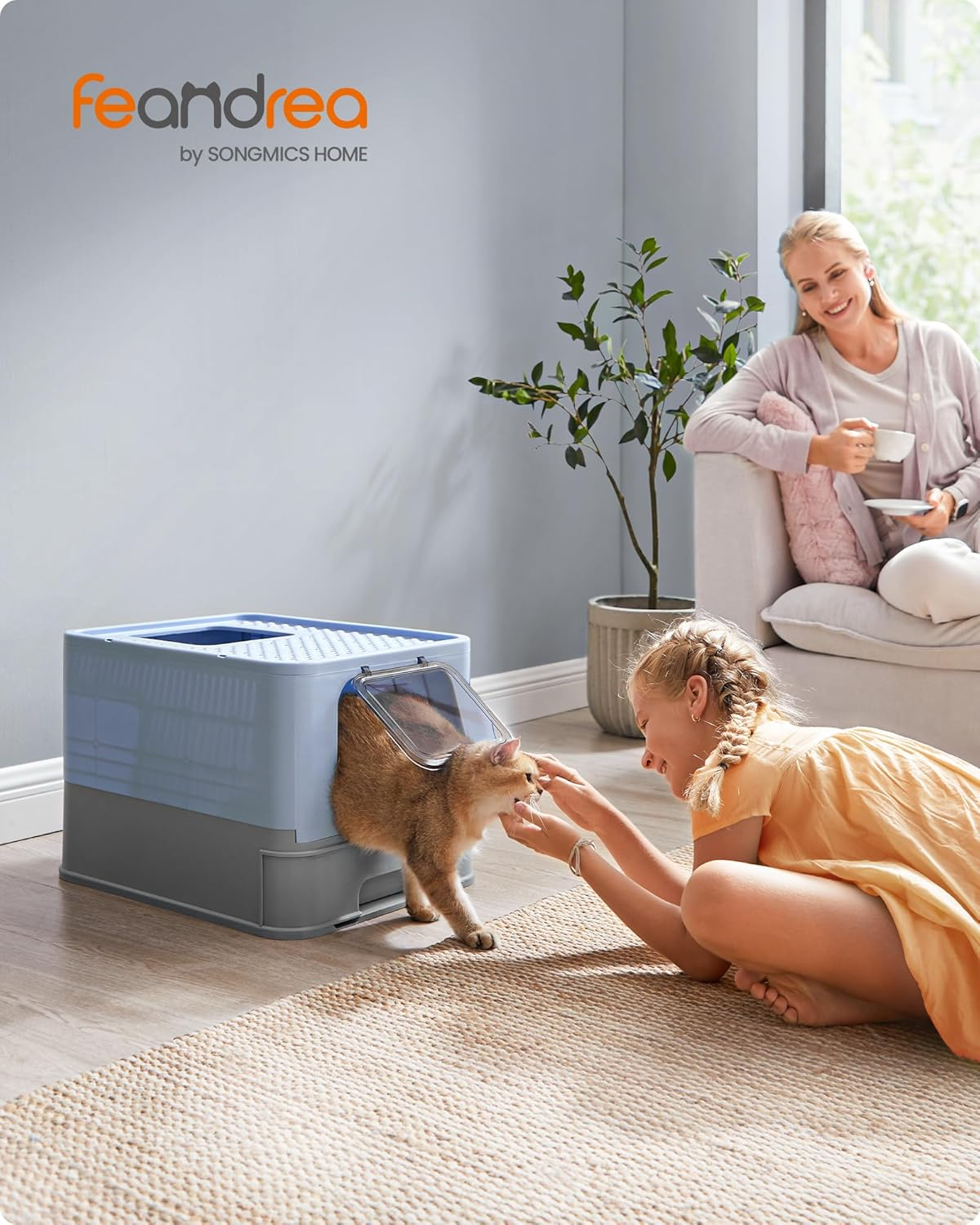 Feandrea Hidden Cat Litter Box, Cat Litter Tray with Hood, Slide-Out Tray, Scoop, Brush, Spacious for Large Cats, Max. Load 15 Kg, Anti-Tracking, Anti-Leaking, Pale Blue and Dove Grey PPT001Q01 image number 4