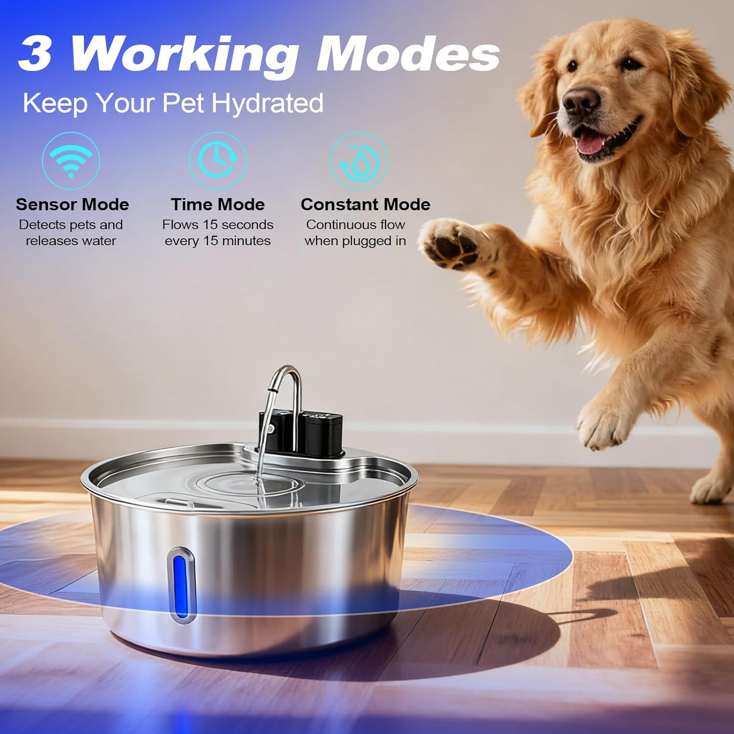 Dog Water Fountain for Large Dogs, 7L/1.8Gal Wireless Dog Water Dispenser, Stainless Steel Automatic Pet Fountain Indoor/Outdoor with Ultra-Quiet Pump, Easy Clean image number 2