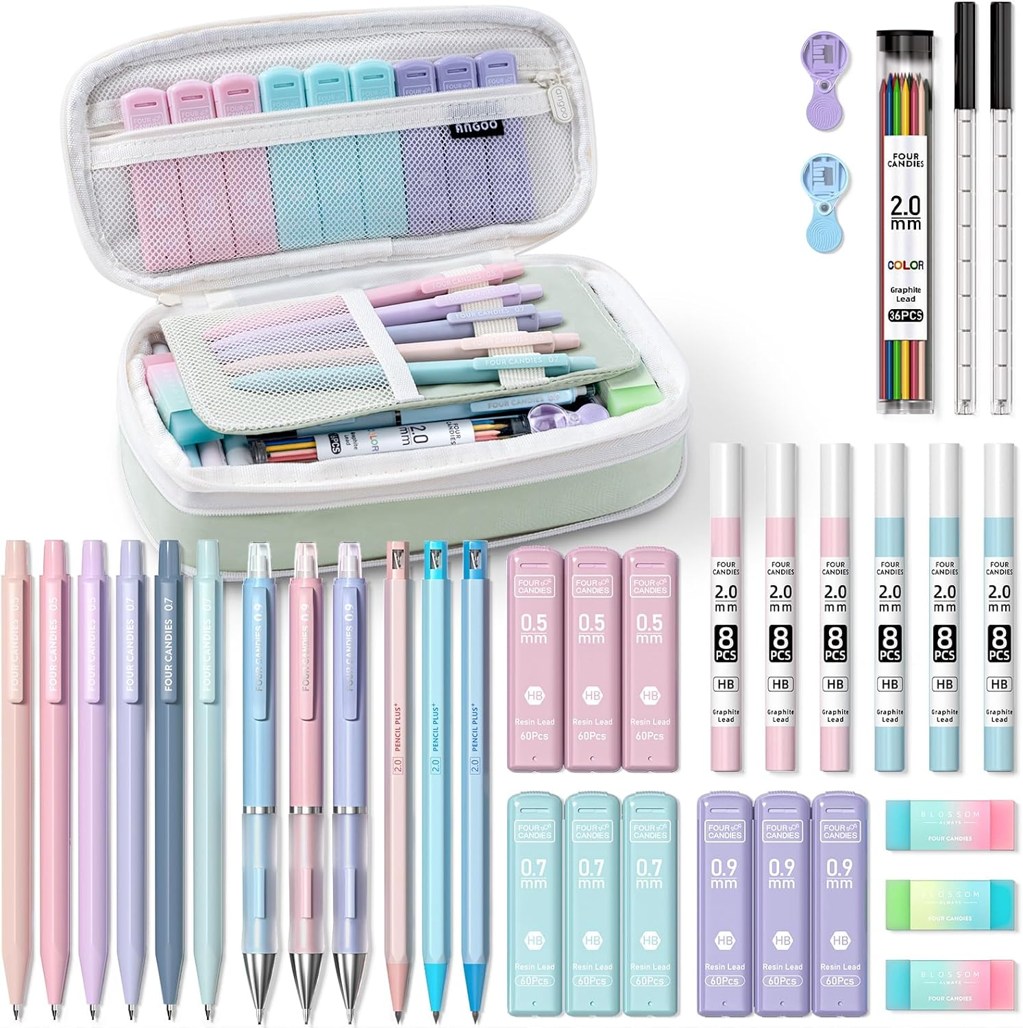 Four Candies 36PCS Aesthetic School Supplies, Mechanical Pencils 0.5Mm, 0.7Mm, 0.9Mm & 2.0Mm with 624PCS Lead Refills, Cute Mechanical Pencils for Writing, Drawing & Drafting (Pink)