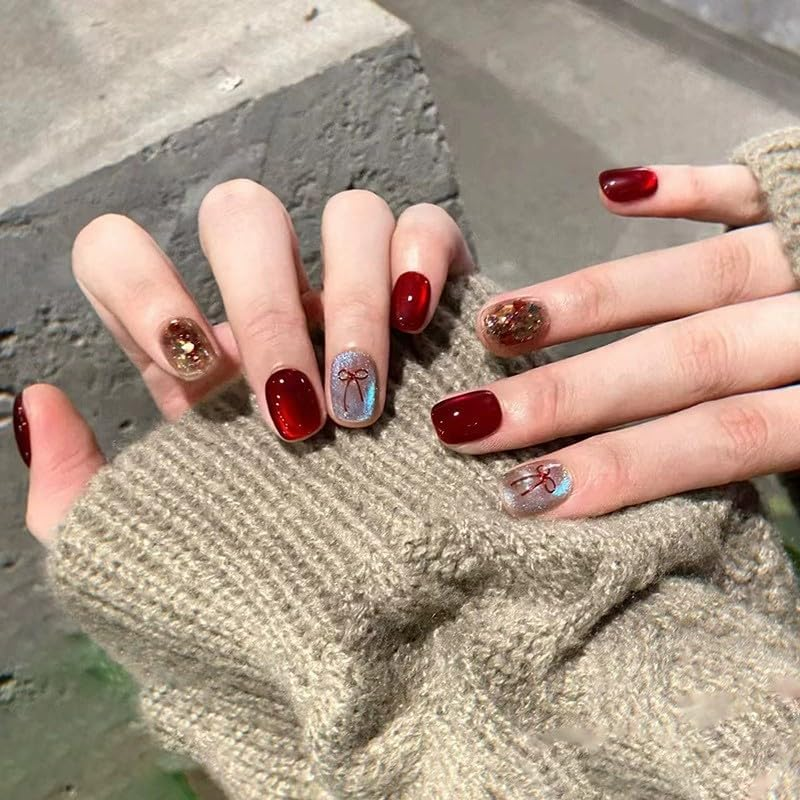 Pack of 30 French Press on Nails Short Coffin Artificial Nails Gilded Cat Eye Fingernails for Sticking Deep Brown Dyeing Adhesive Nails Set Acrylic Nail Tips Women Spring Summer Nail Accessories