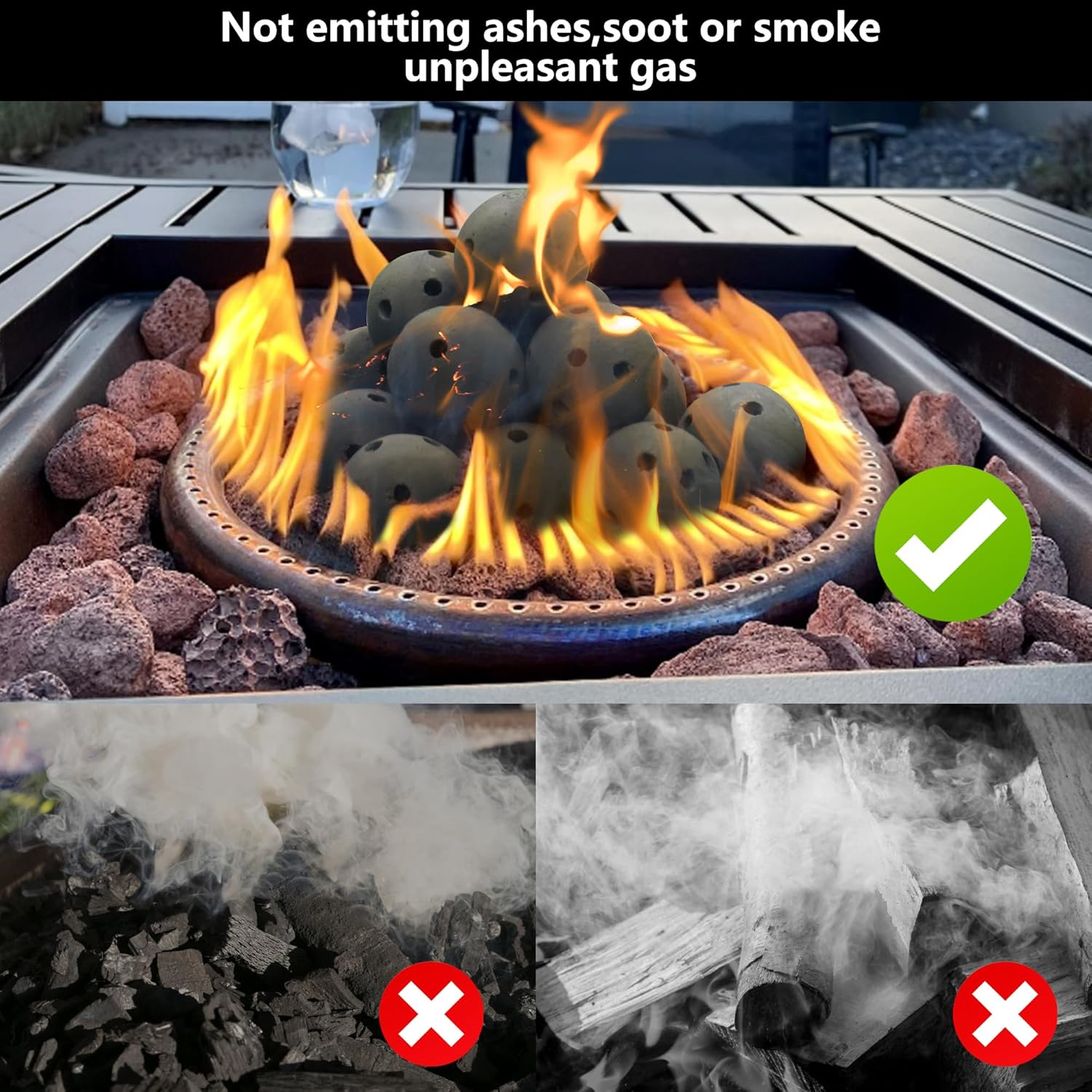 Ceramic Fire Balls-3 Inch Set of 15 round Fire Stones Set, Safe for Outdoors and Indoors Fire Pit or Fireplaces Reusable Fireballs, Black image number 4