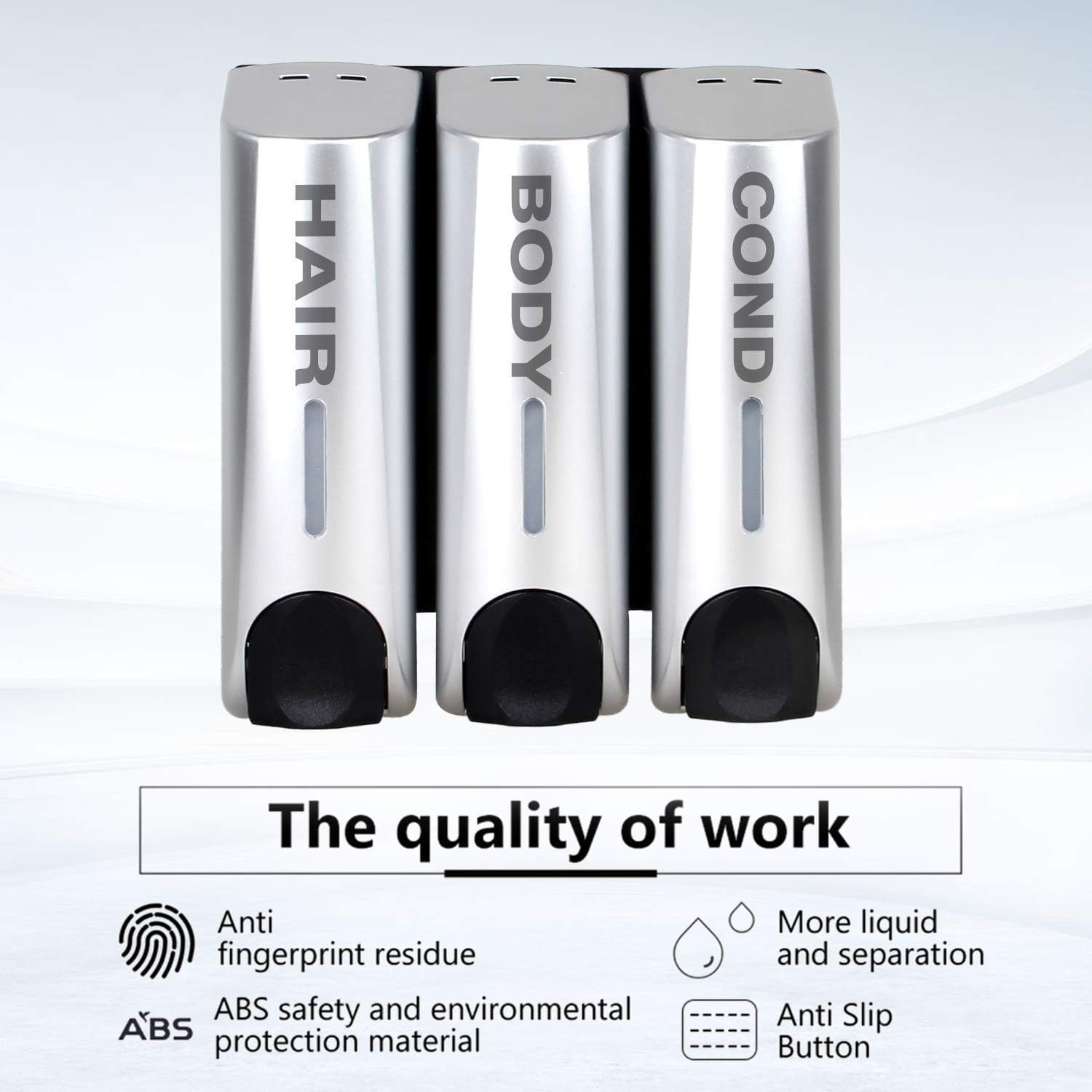 Chamber Soap Dispenser Trio Shower Gel Shampoo Conditioner with 3X350Ml Refillable Bottles ABS Wall Mount Silver - White image number 7