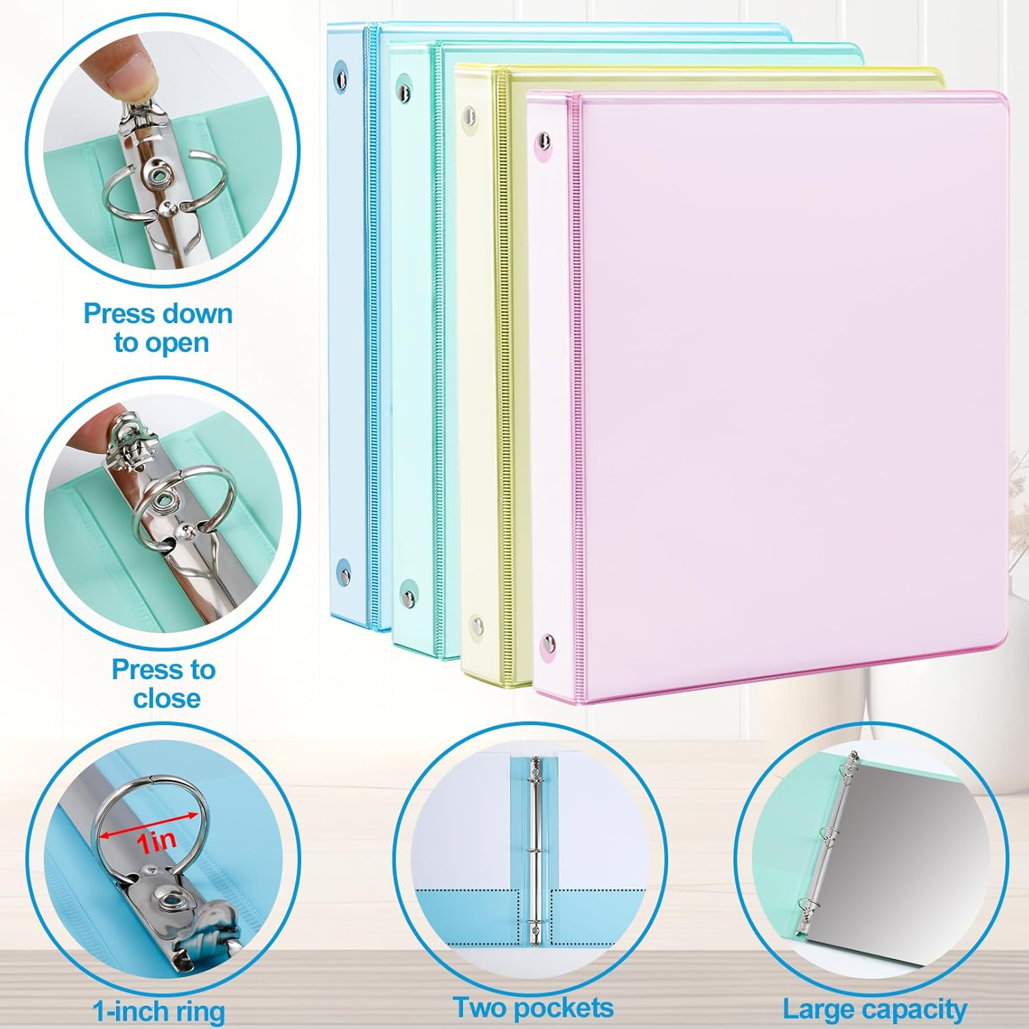 PUREZON 4 Pack 1 Inch 3 Ring Binders,Clear View Cover with 2 inside Pockets, Fits 8.5" X 11" Letter Size,Holds 200 Sheets,Clear View Binder for School,Home,Office Supplies (4 Pastel Colors)