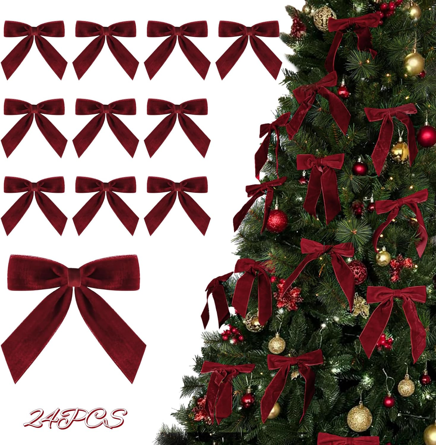 Christmas Decorations - Christmas Bows - 24 Pcs 7 X 6 Inch Medium Wine Red Velvet Bows for Christmas Tree - Burgundy Xmas Ribbon Ornaments - Home Decor for Wreath Garland Gift Wrapping Wedding Party