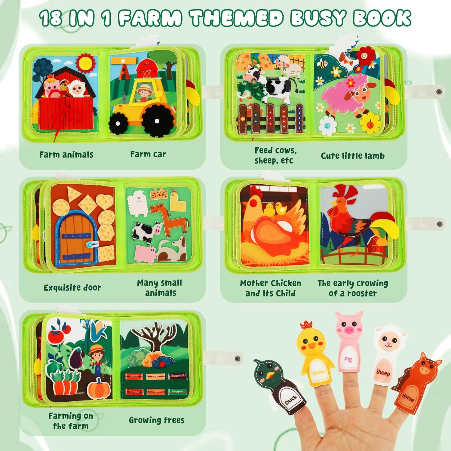 Busy Book for Toddlers 1-3, 18In1 Farm Animal Busy Book Travel Toys Montessori Quiet Books Preschool Learning Activities for Boys Girls Infants (Green- Farm) - Blue-With Handle image number 5
