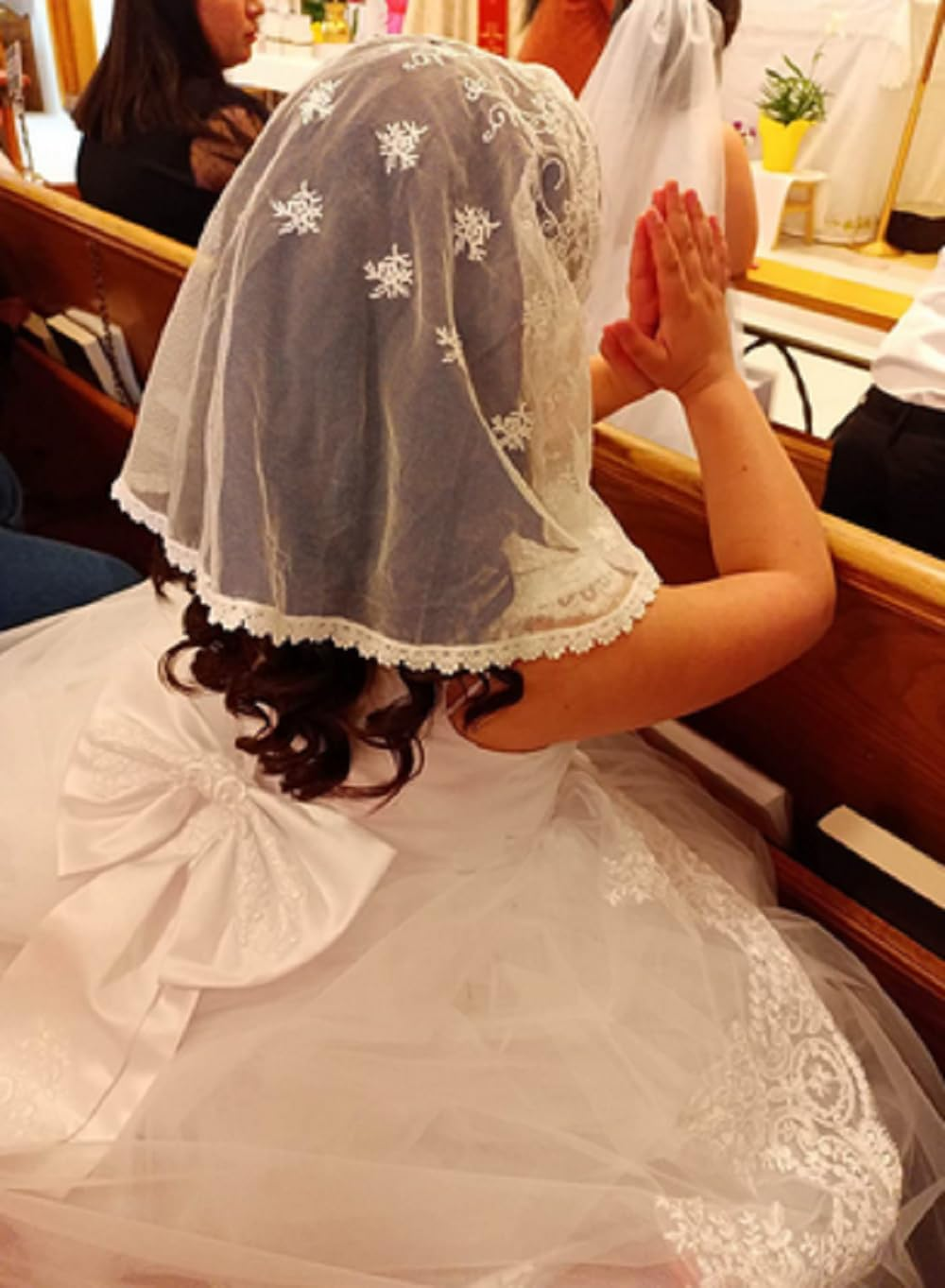 Flowergirl Veils First Communion Veil Lace Floral Edge Veil Headwrap for Grils F5 - Ivory Veil-Flowers image number 4