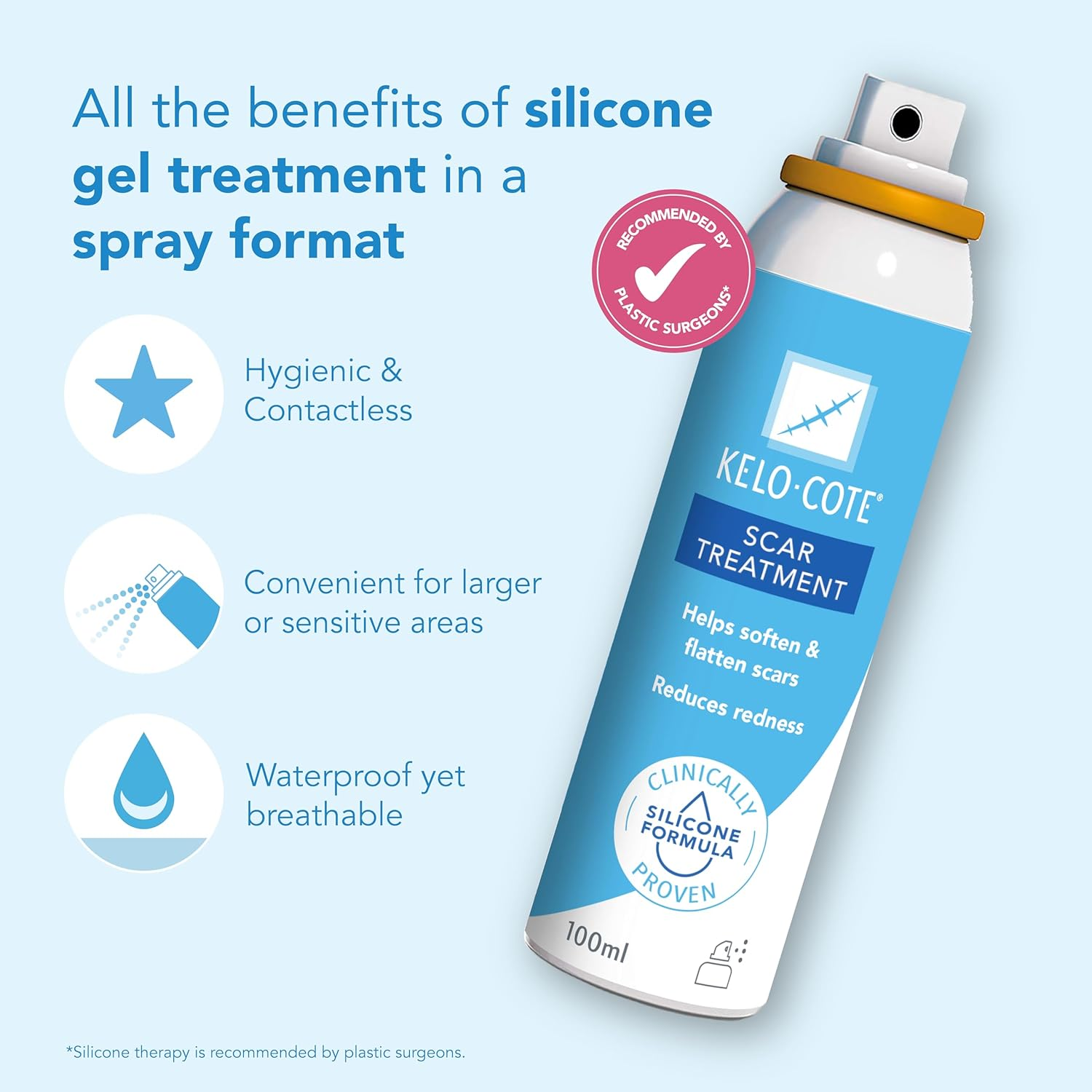 KELO-COTE&reg; Scar Spray &ndash; Clinically Proven, Medical-Grade Silicone Scar Treatment | Prevents & Treats Keloid, Hypertrophic & Burn Scars | Ideal for Large, Sensitive & Hard-To-Reach Scars | Reduces Redness & Discoloration image number 3