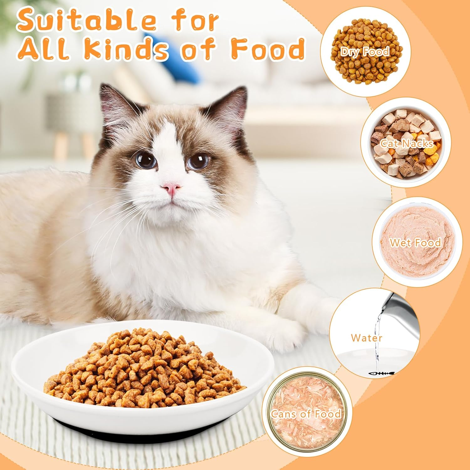 Set of 3 Cat Bowls, Ceramic Feeding Bowls with Non-Slip Silicone Base, Cat Bowl Flat Relieves Whisker Fatigue, Cat Bowls for Food and Water for Cat Food Bowl Set