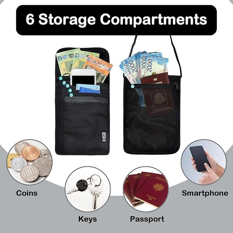 Neck Wallet Travel Neck Pouch, Passport Holder Travel Wallet RFID Blocking Passport Bag Men Women Children, Waterproof Travel Document Wallet Organiser, Adjustable Phone Bag for Card Key-Black image number 1