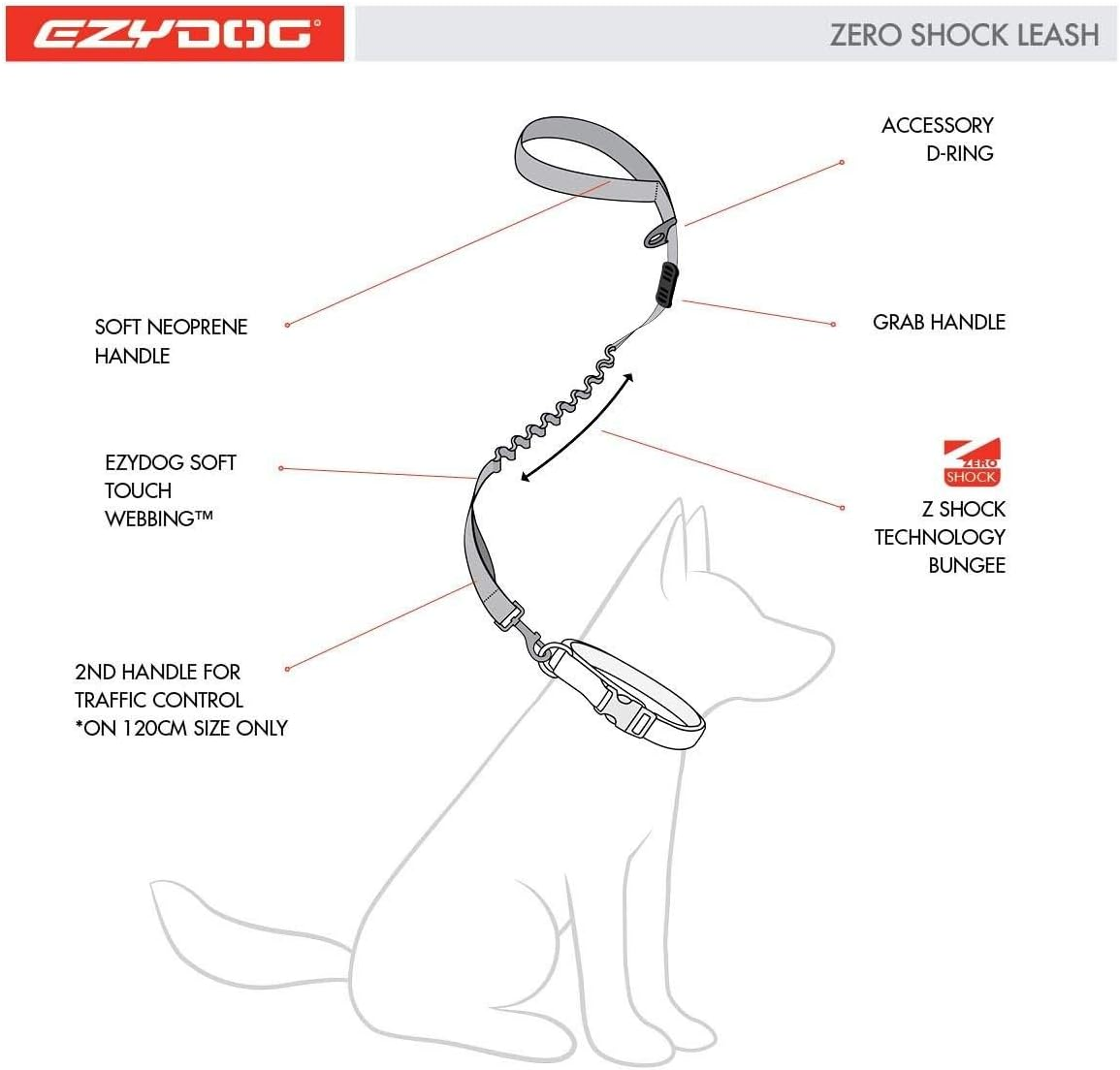 Ezydog Zero Shock Dog Leash 25" - Shock Absorbing Lead for Dogs, Reflective, Neoprene Handle, Soft Nylon Webbing (64Cm, Red) image number 3